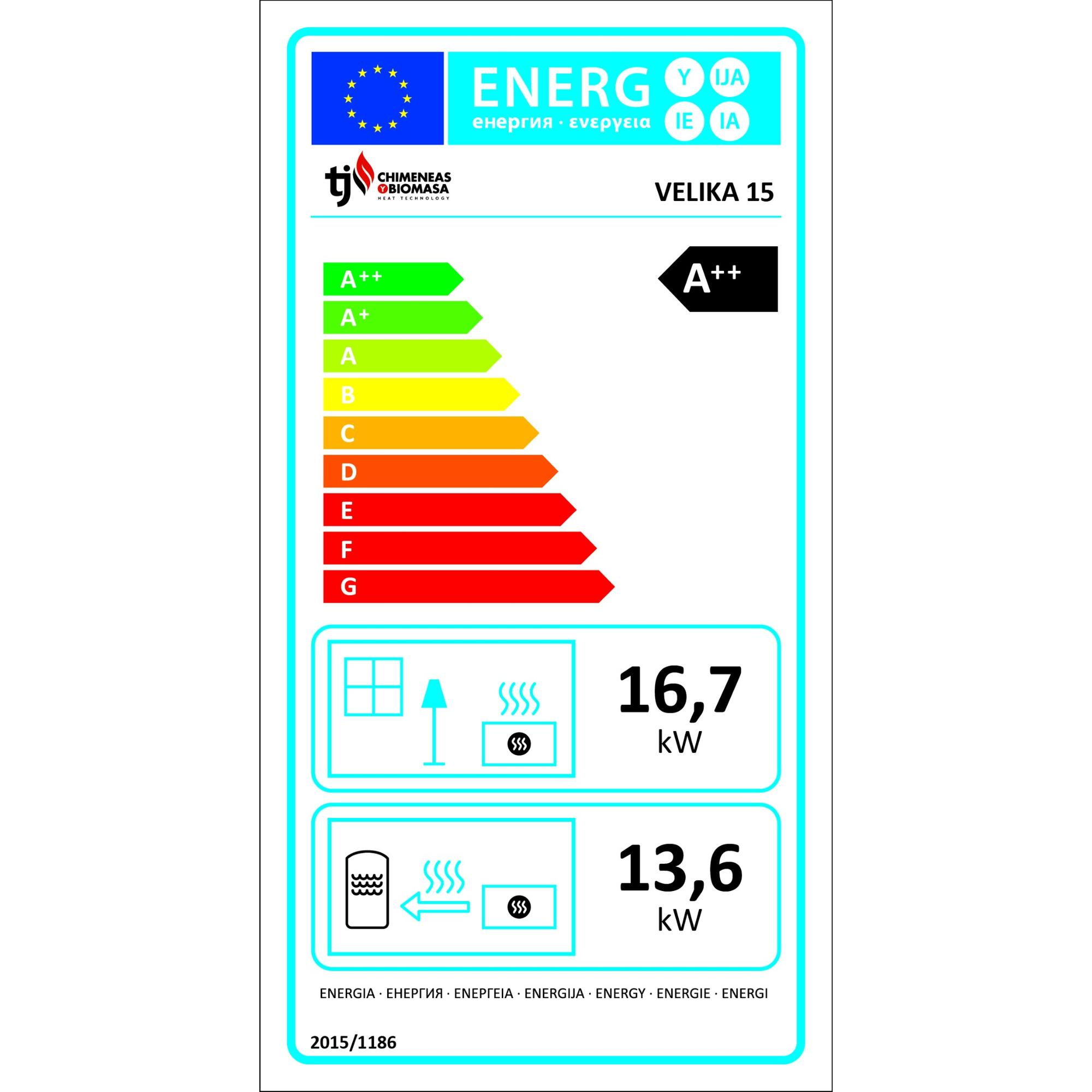 Etiqueta de eficiencia energética con escala de colores y datos de consumo.