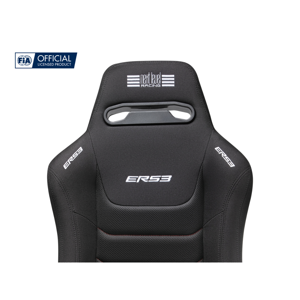 Un asiento de carreras negro con el logo 'Next Level Racing' y 'ER53' en los lados, y el logo oficial de la FIA.