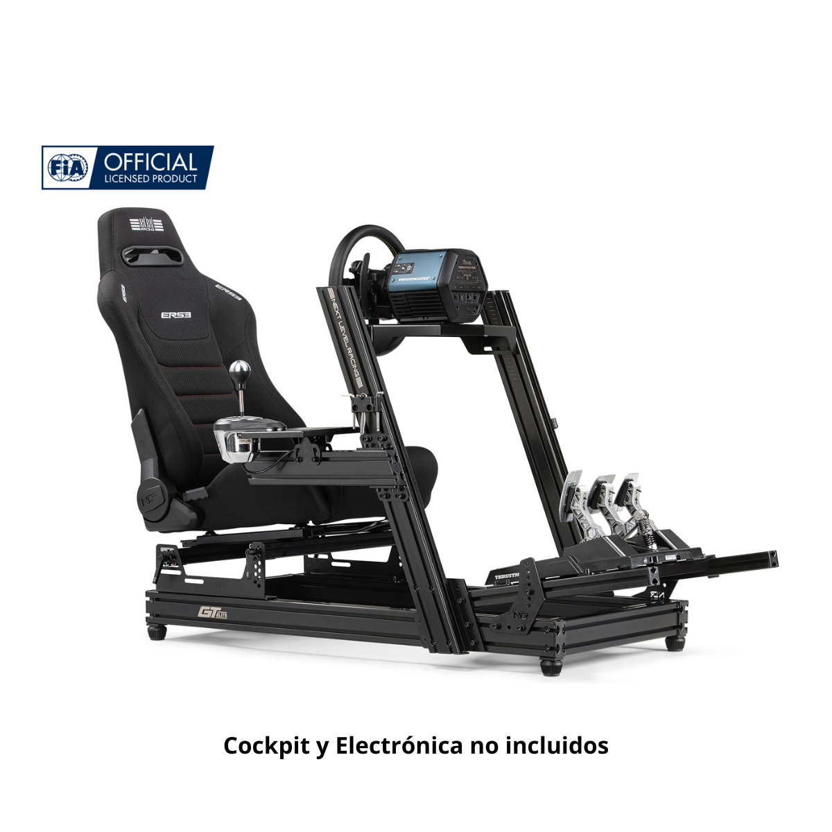 Configuración de simulador de carreras con asiento, volante, pedales y marco negro.