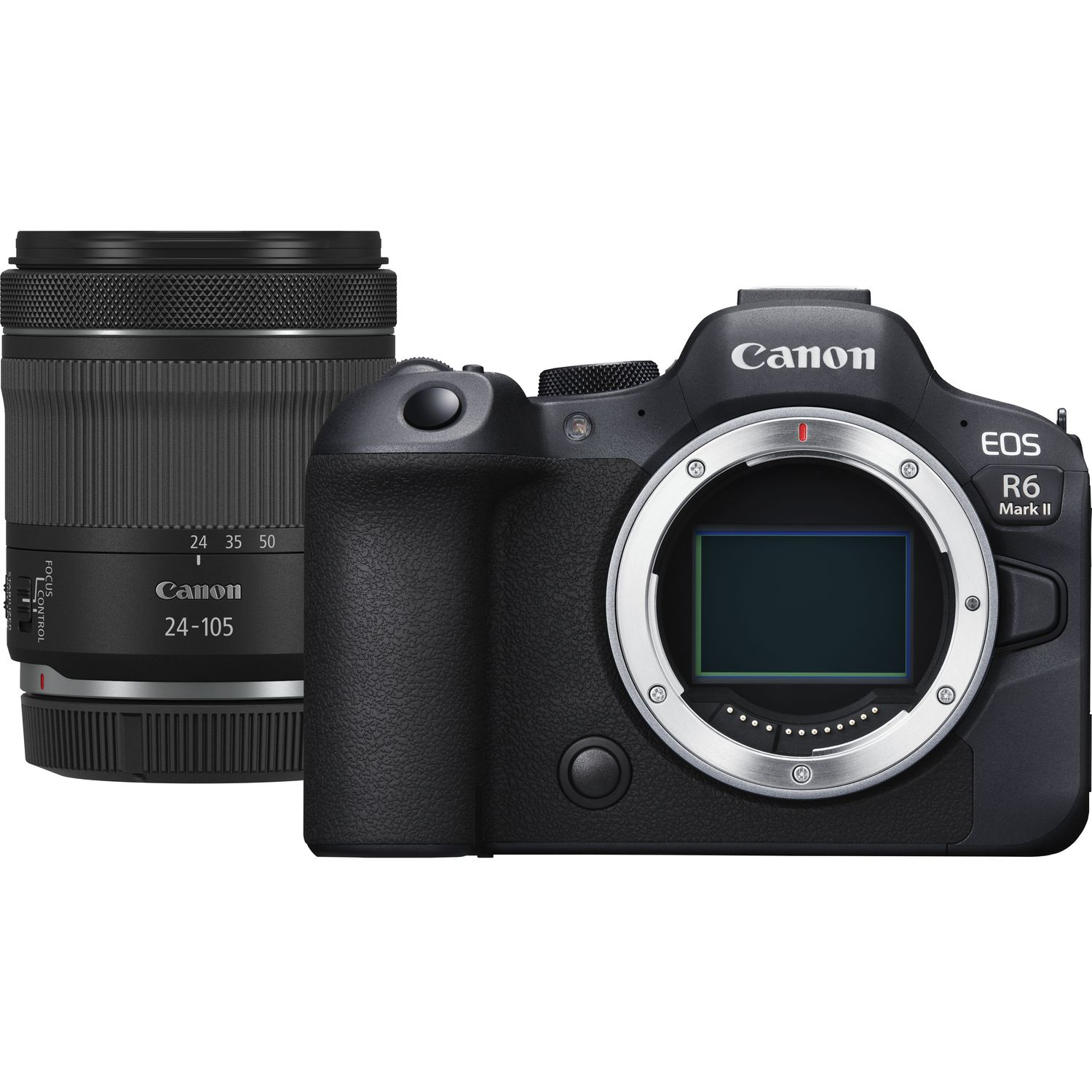 Canon EOS R6 Mark II Kamera mit Objektiv, auf weißem Hintergrund.