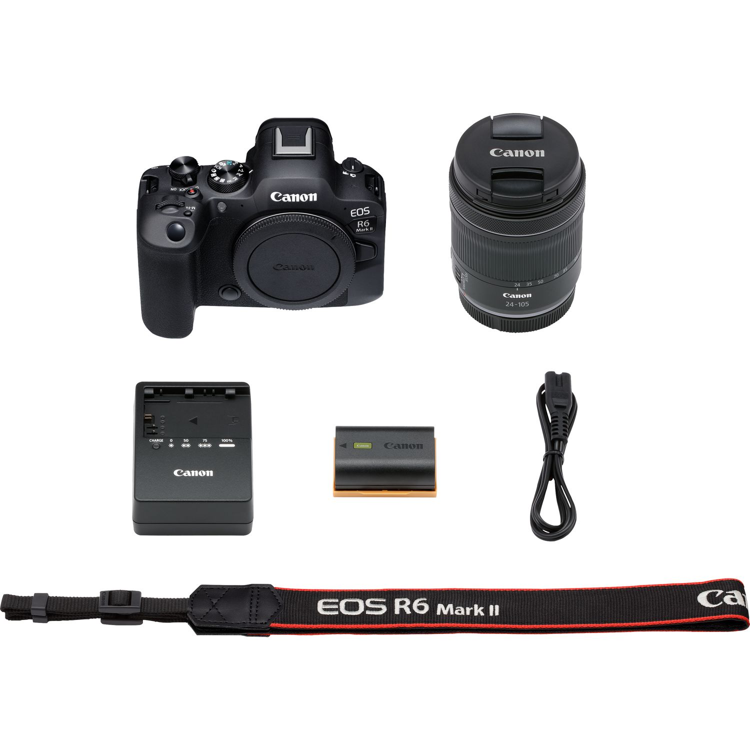 Canon EOS R6 Mark II Kamera-Kit mit Objektiv, Ladegerät, Akku, Gurt und Kabel, alles schwarz.