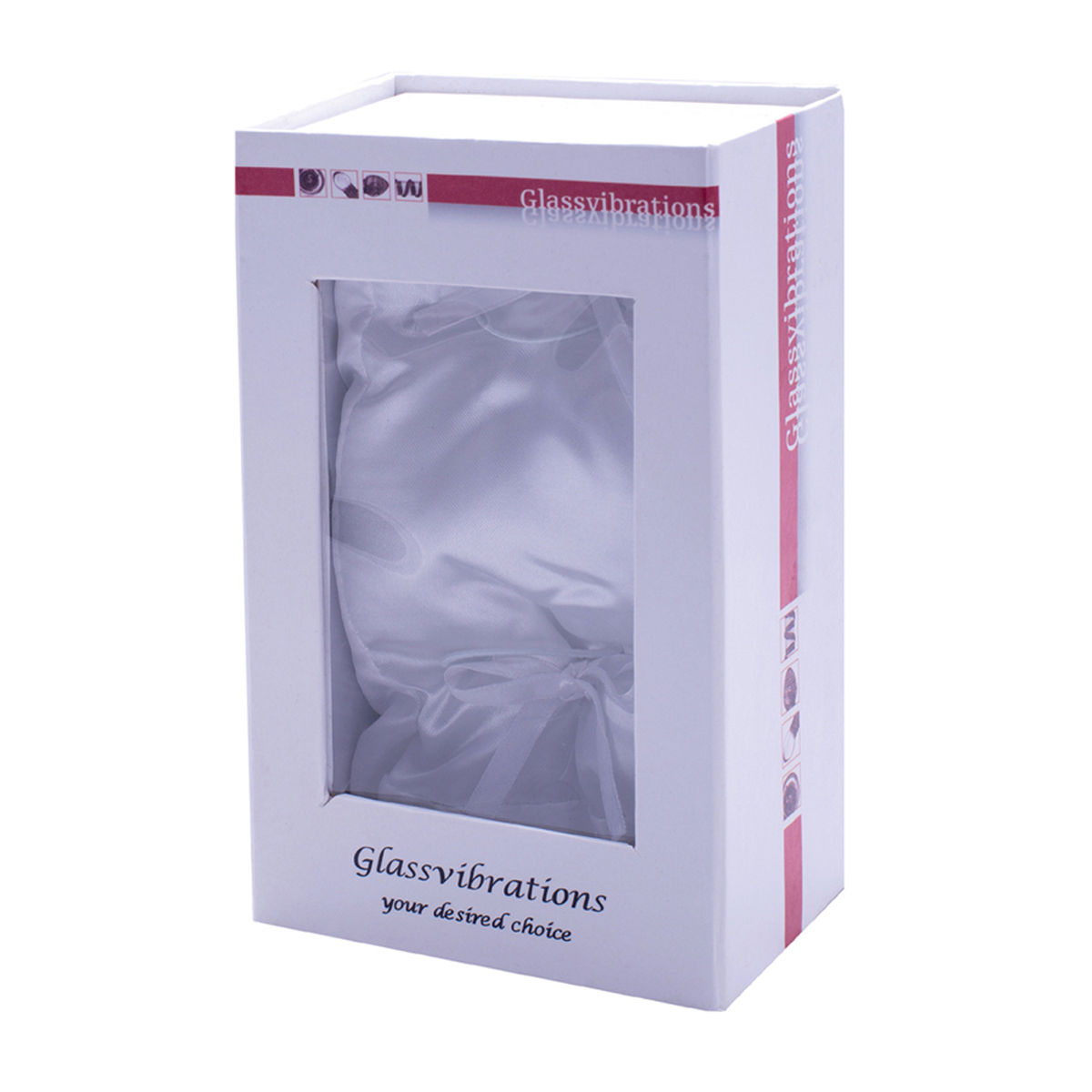 Weiße Box mit Fenster. Auf der Box steht "Glass vibrations". Im Inneren ist ein weißes Tuch zu sehen.