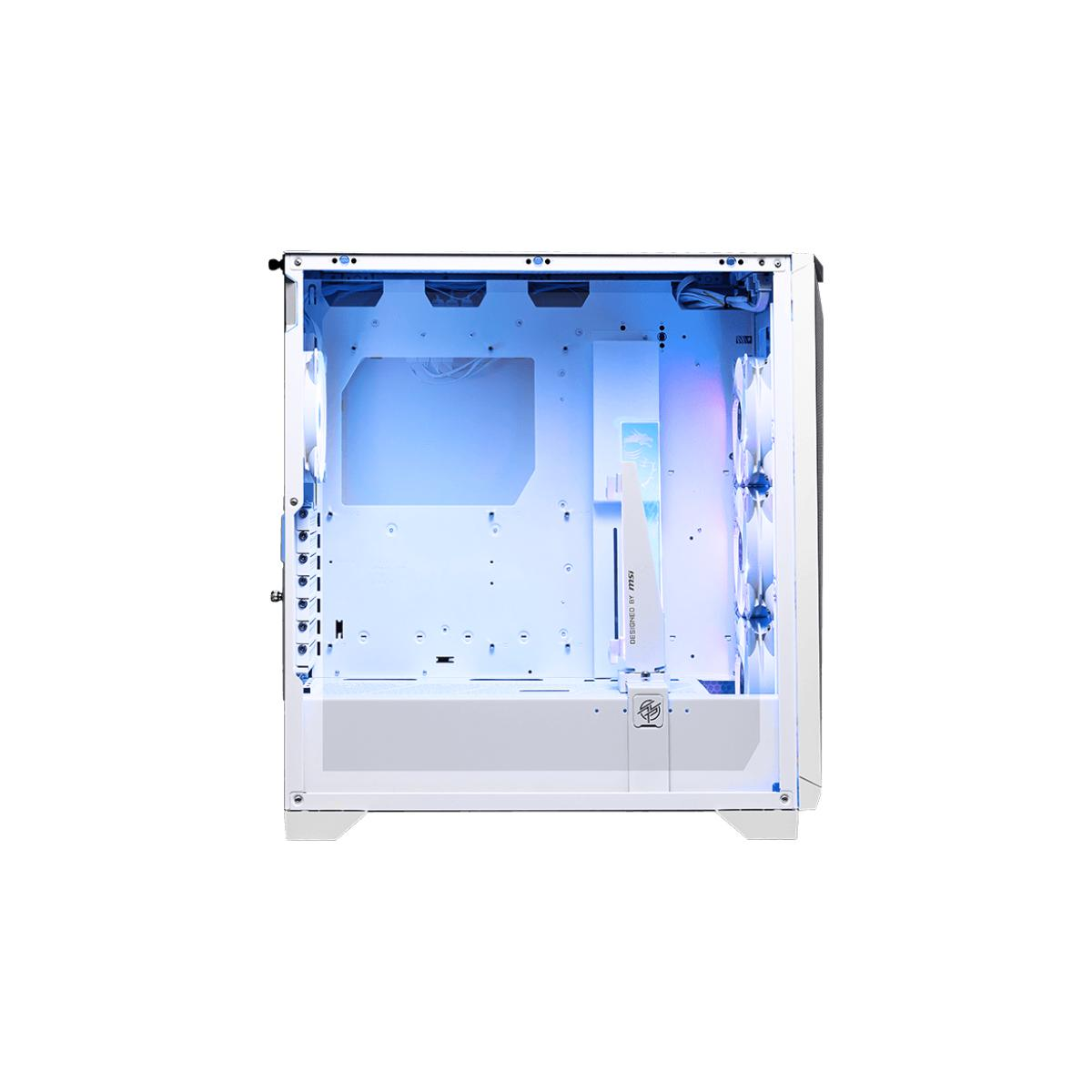 Weißes Computergehäuse mit blauem Leuchten im Inneren. Das Gehäuse hat sichtbare Details.