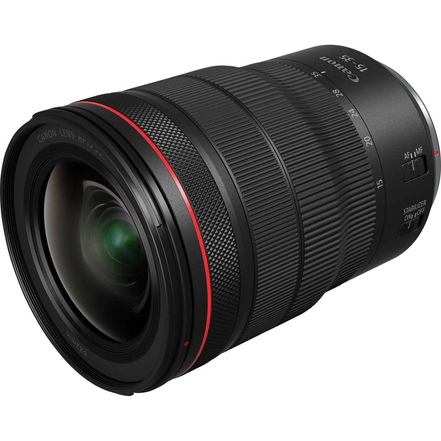 Schwarzes Kameraobjektiv mit rotem Ring und Fokusdetails. 'Canon' und '15-35' sichtbar.