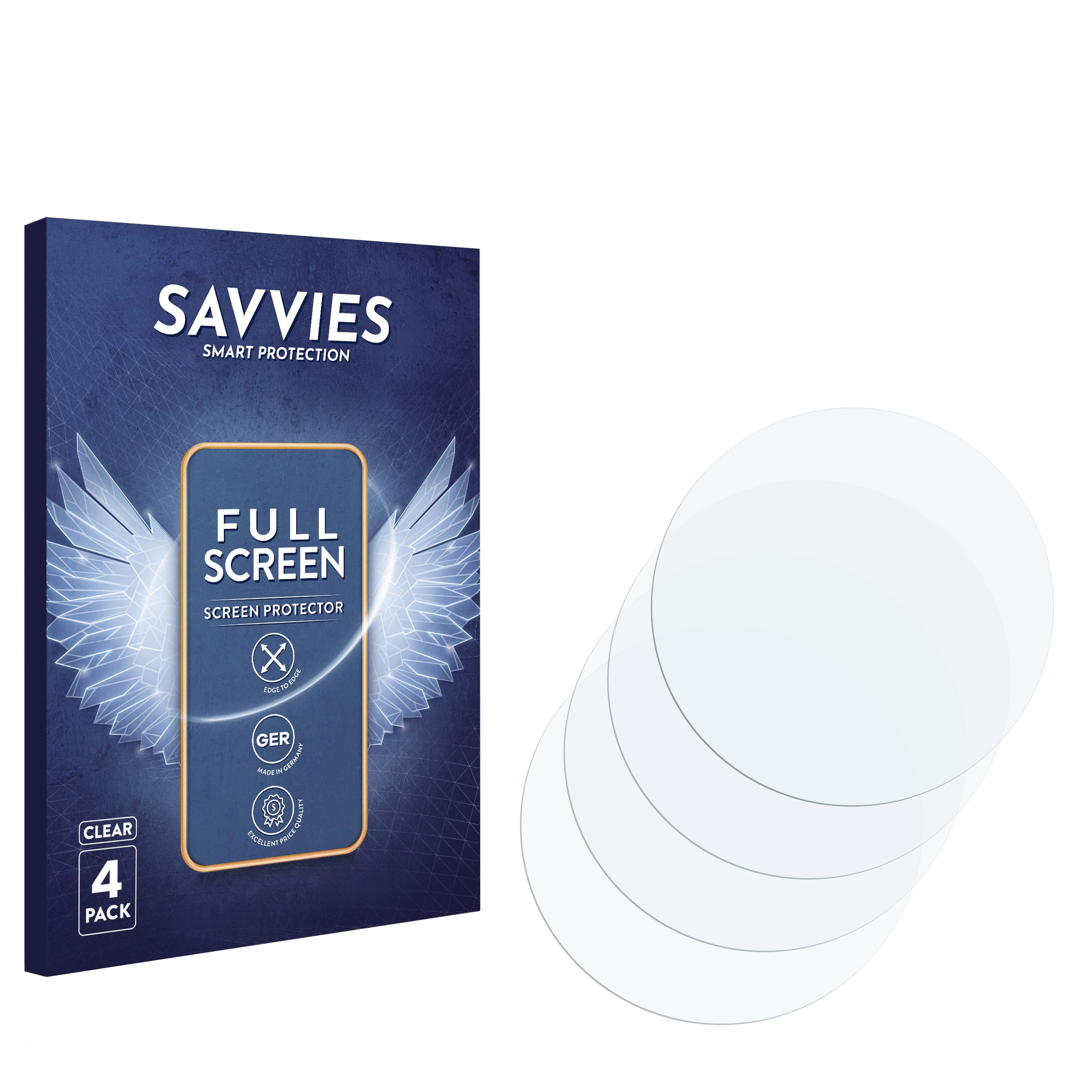 Displayschutzfolien in einer Box und vier klare runde Schutzfolien auf weißer Oberfläche.