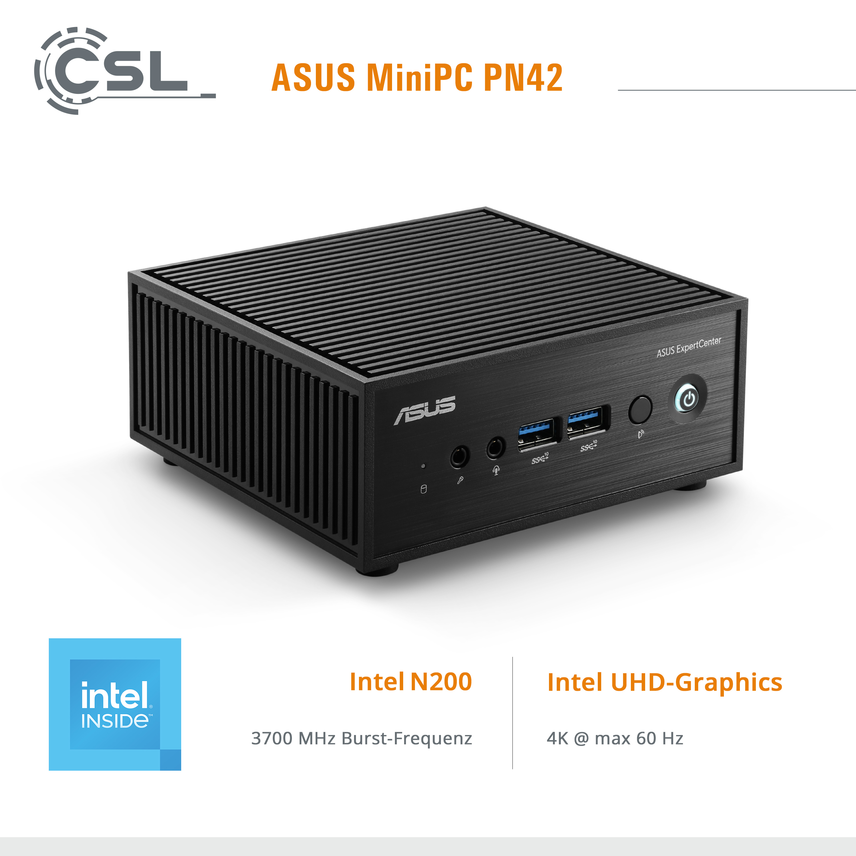 Schwarzer ASUS MiniPC PN42 Computer auf weißer Oberfläche, mit Intel Logo.