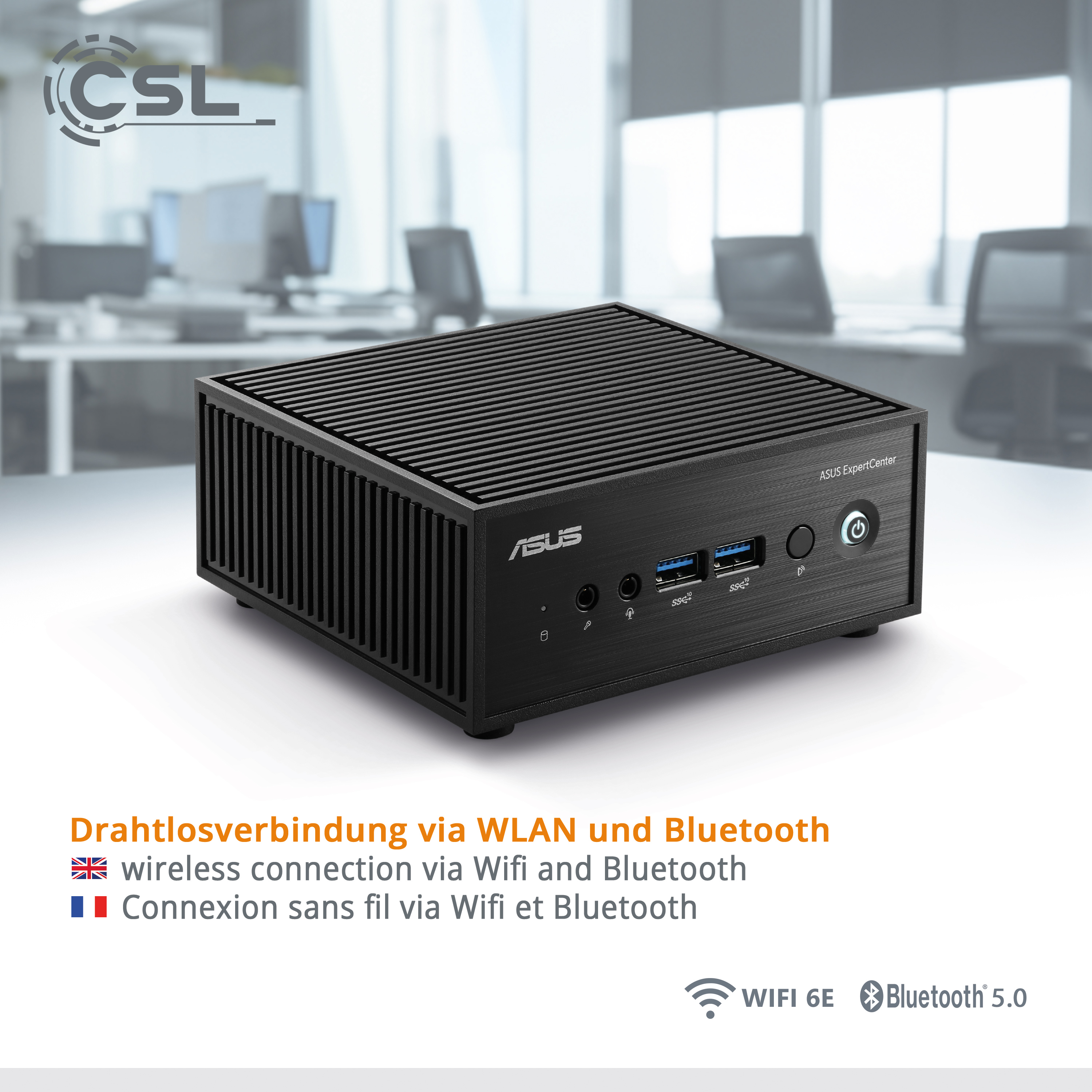 Schwarzer ASUS MiniPC mit WLAN- und Bluetooth-Logos und Anschlüssen auf weißer Oberfläche.