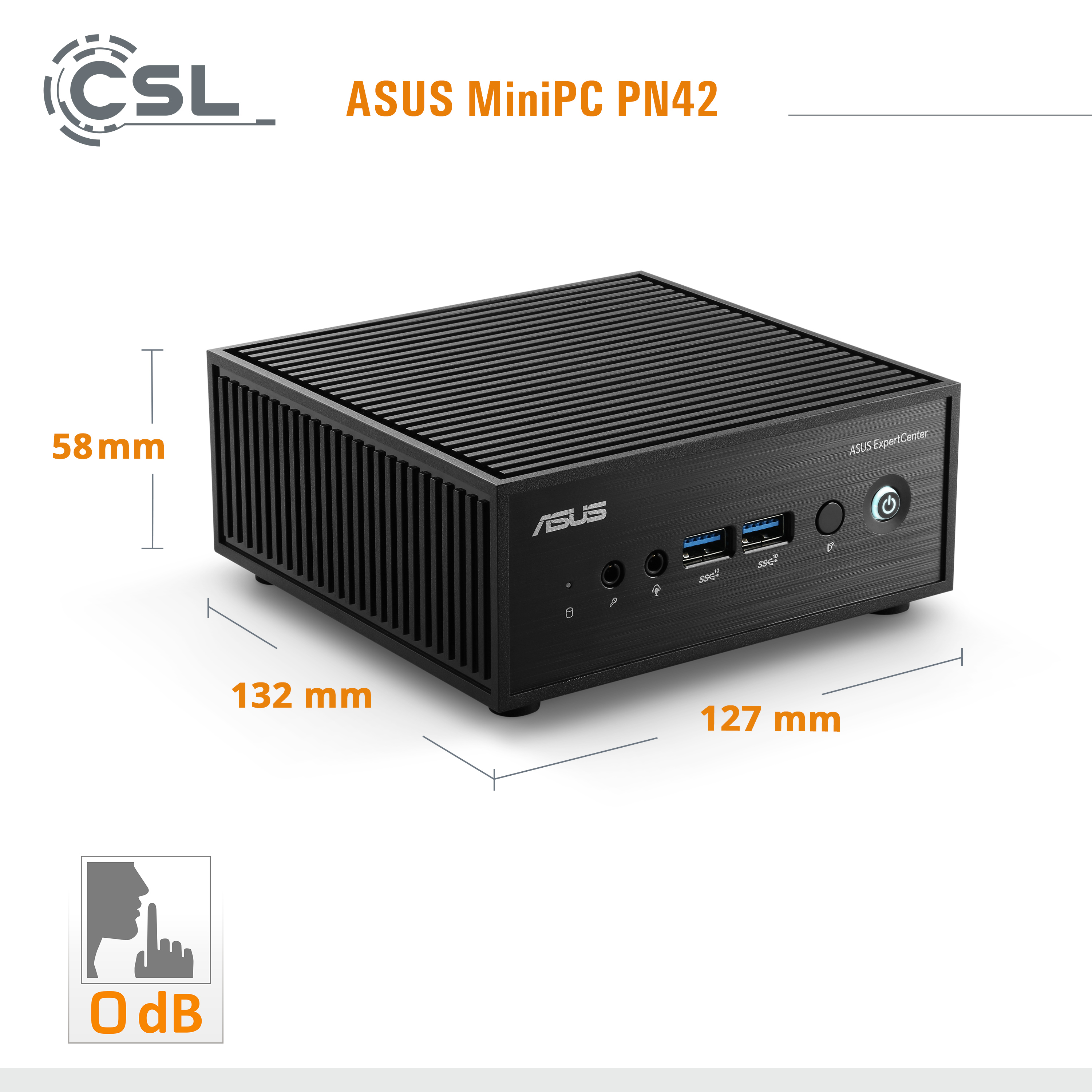 Schwarzer ASUS MiniPC PN42 mit Abmessungen und einem Symbol für leisen Betrieb auf weißem Grund.
