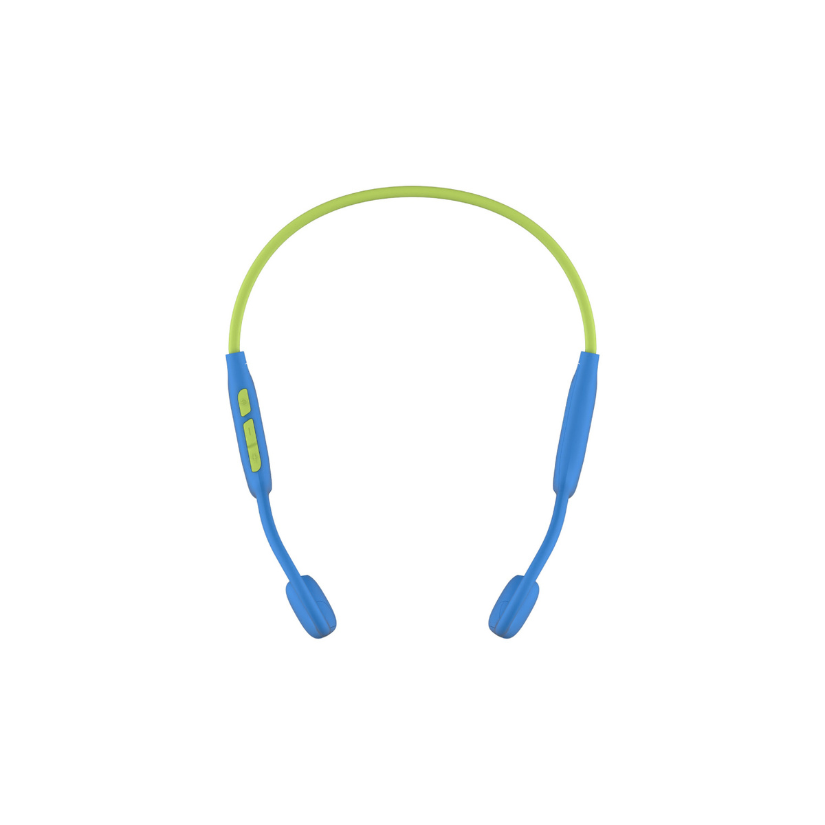 Blaue und grüne kabellose Kopfhörer, mit dem Design um den Hals.