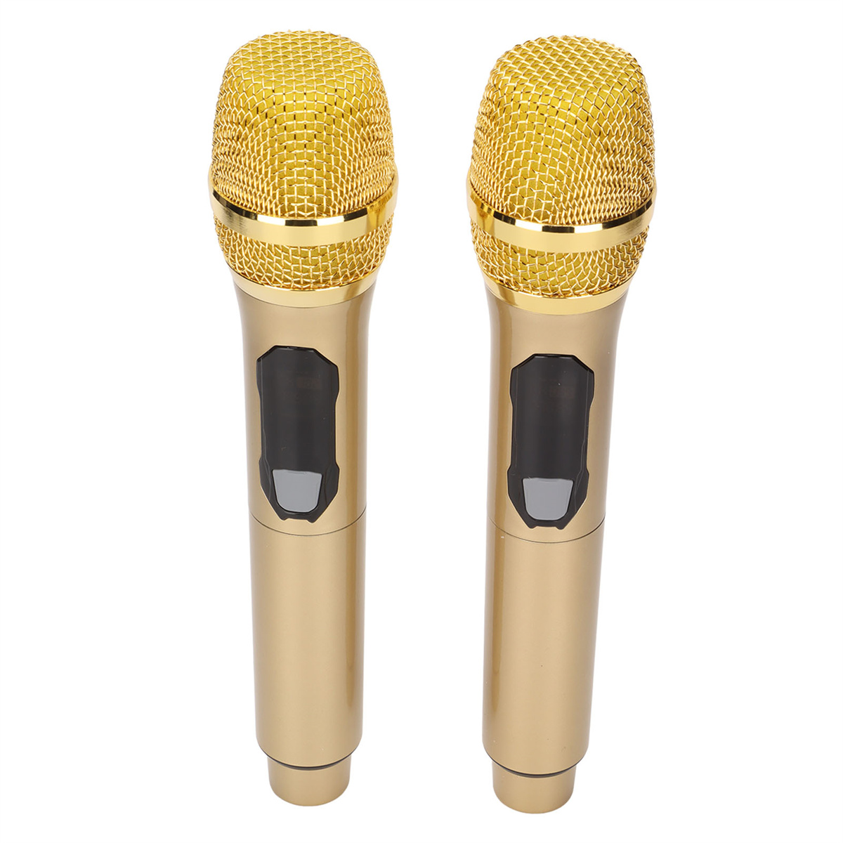 Zwei goldene Mikrofone mit goldenen Mesh-Köpfen und schwarzen Griffen.