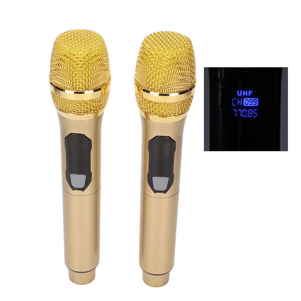 Zwei goldene Mikrofone mit Mesh-Köpfen. Ein Bildschirm zeigt UHF-, Kanal- und Frequenzinformationen.
