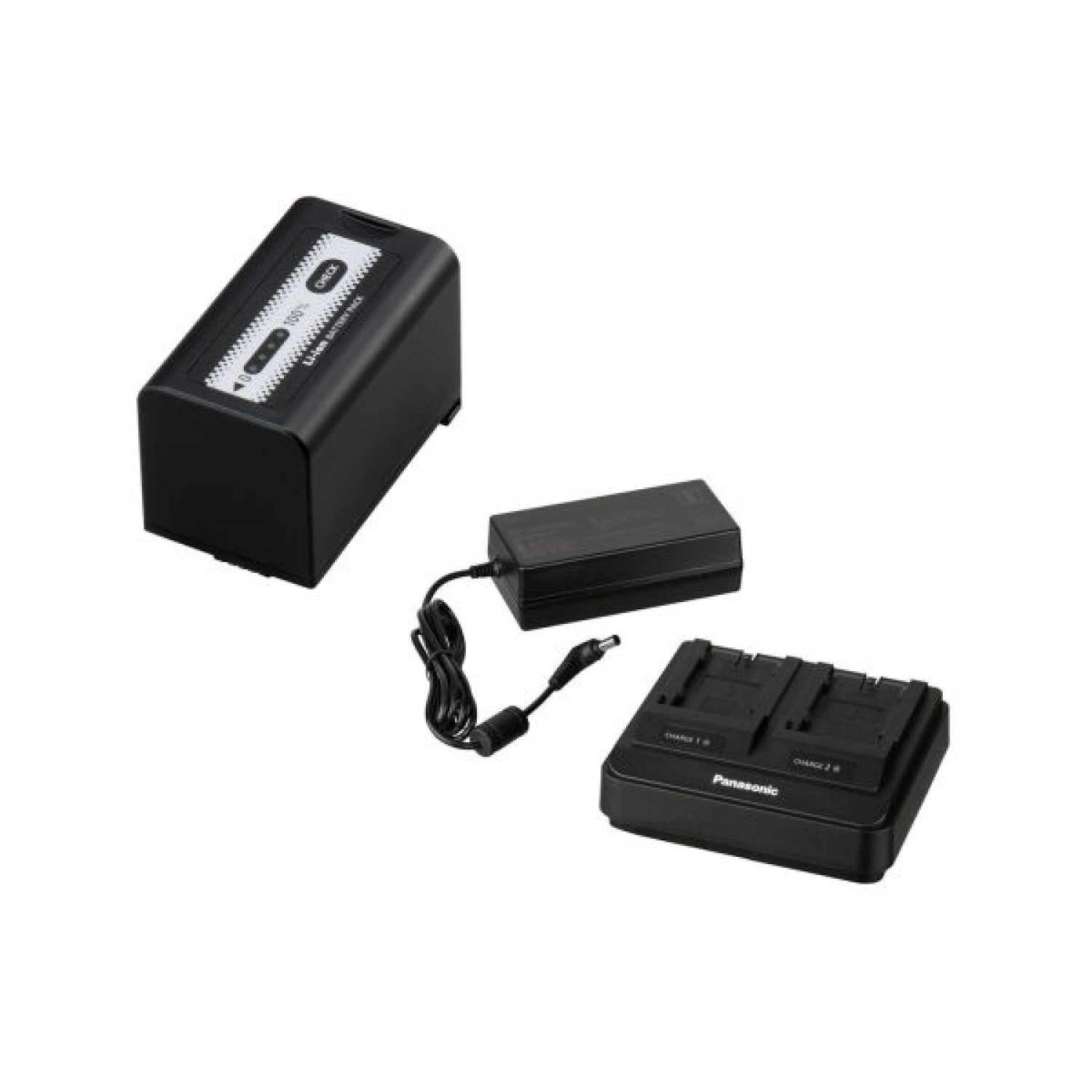 Schwarzes Batterieladegerät und Akkupack. Inklusive Netzteil und Ladegerät.