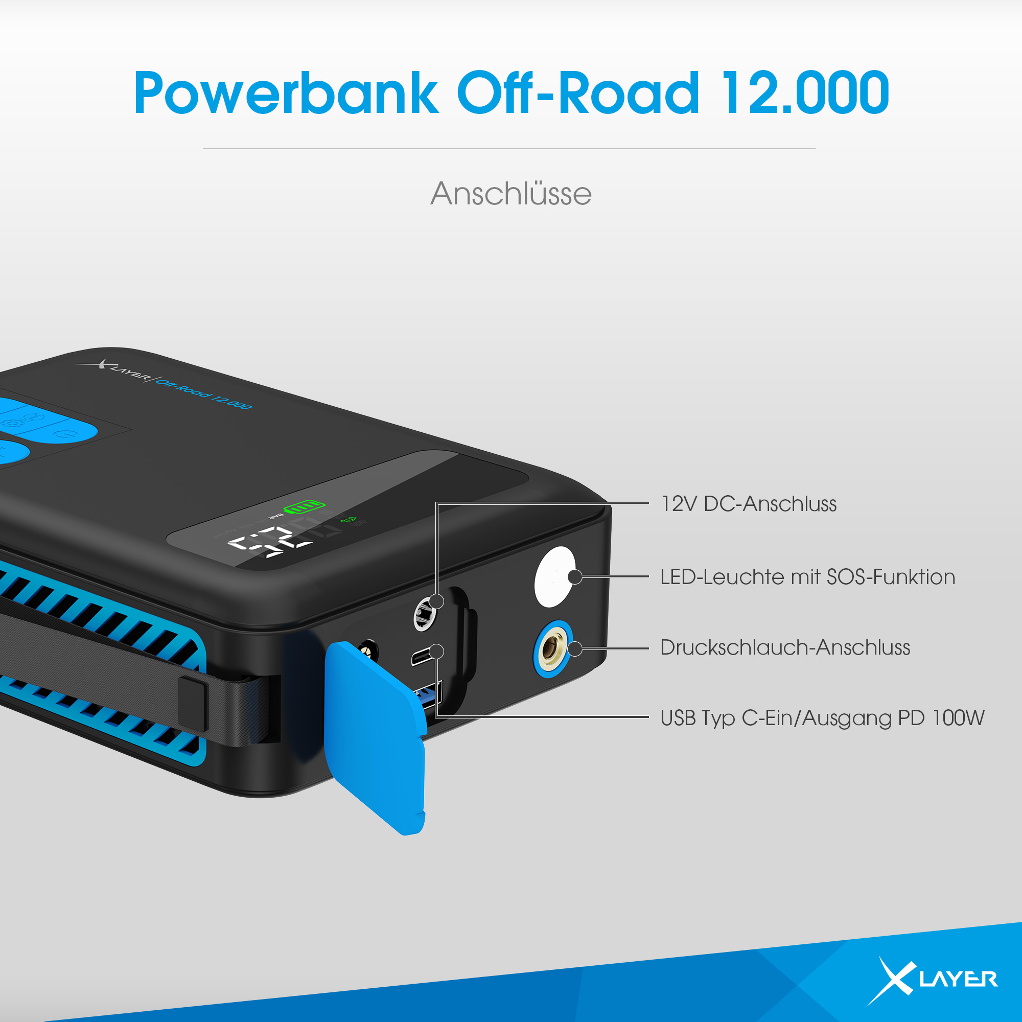 Schwarze und blaue Powerbank mit beschrifteten Anschlüssen und dem Text 'Powerbank Off-Road 12.000'.