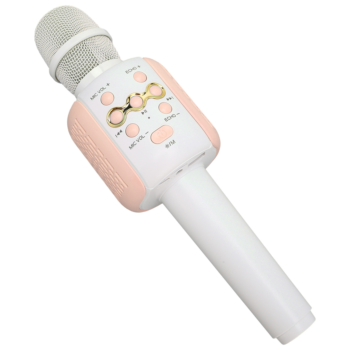 Ein weißes und rosa Karaoke-Mikrofon mit Knöpfen und einem Mesh-Kopf.
