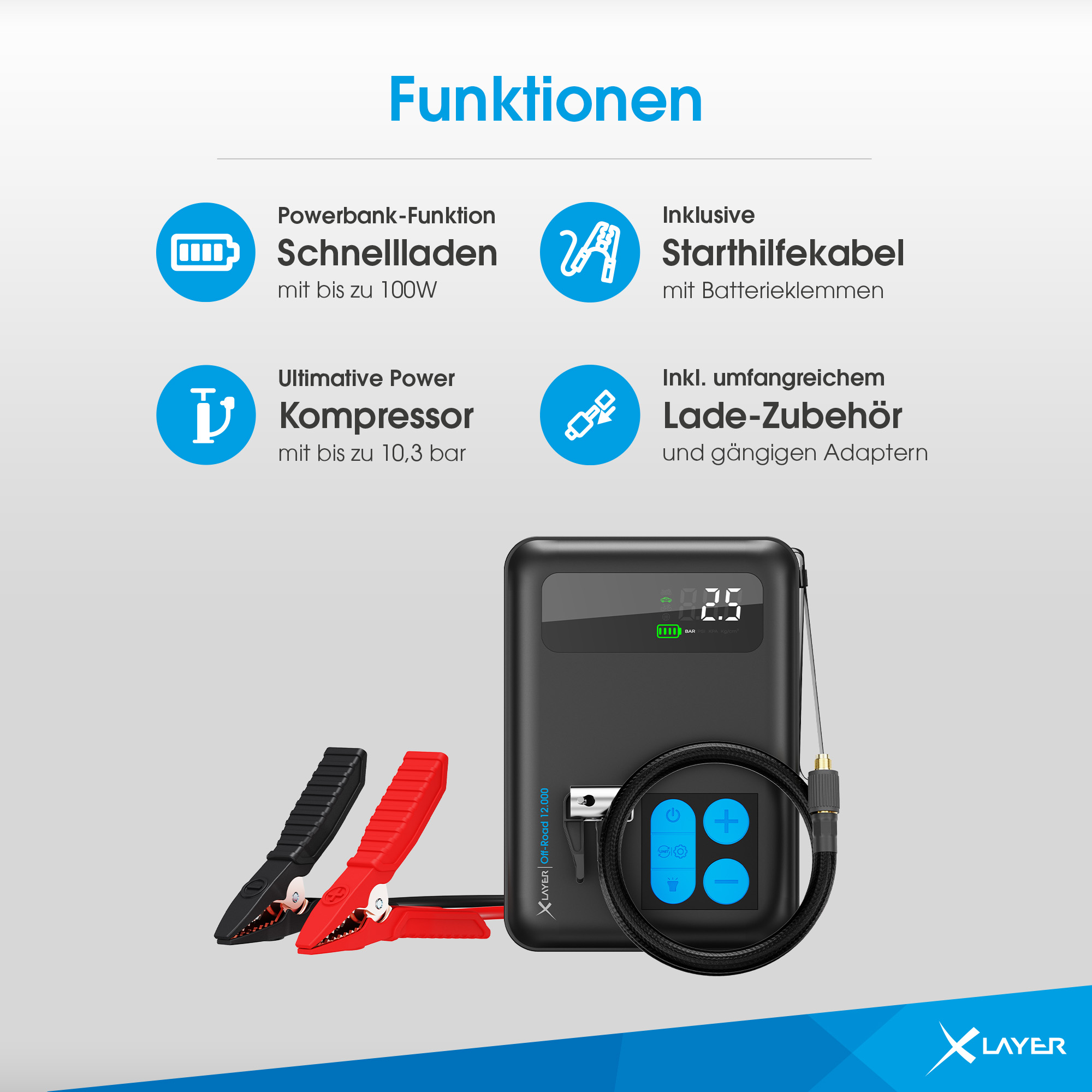 Ein schwarzes und graues Starthilfegerät und Kompressor mit Display.