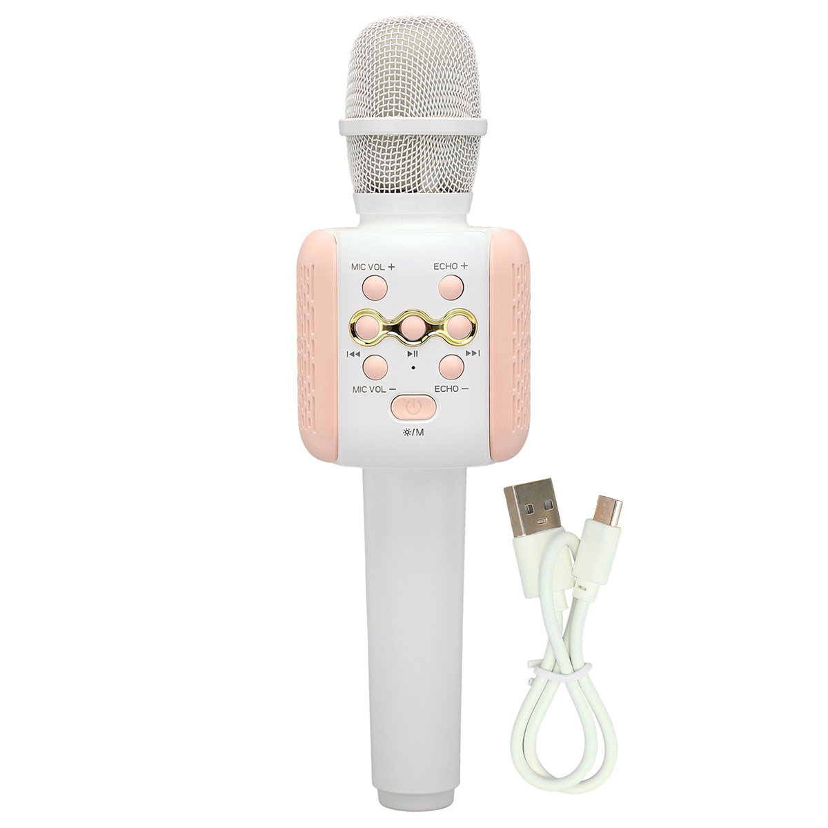 Ein pink-weißes Karaoke-Mikrofon mit Knöpfen und einem USB-Kabel.