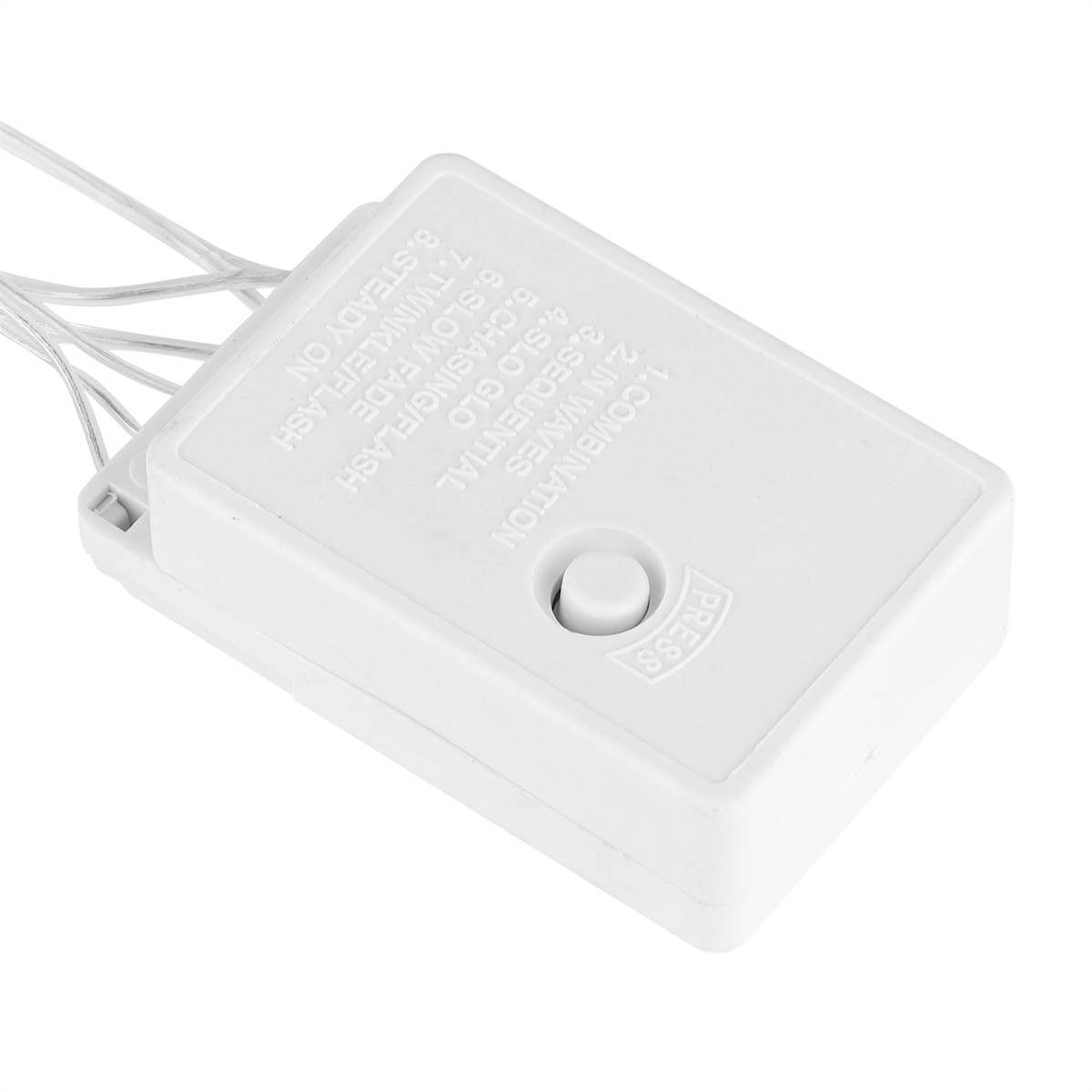 Weiße Steuerbox mit einer Taste und Textoptionen für verschiedene Lichtmodi.