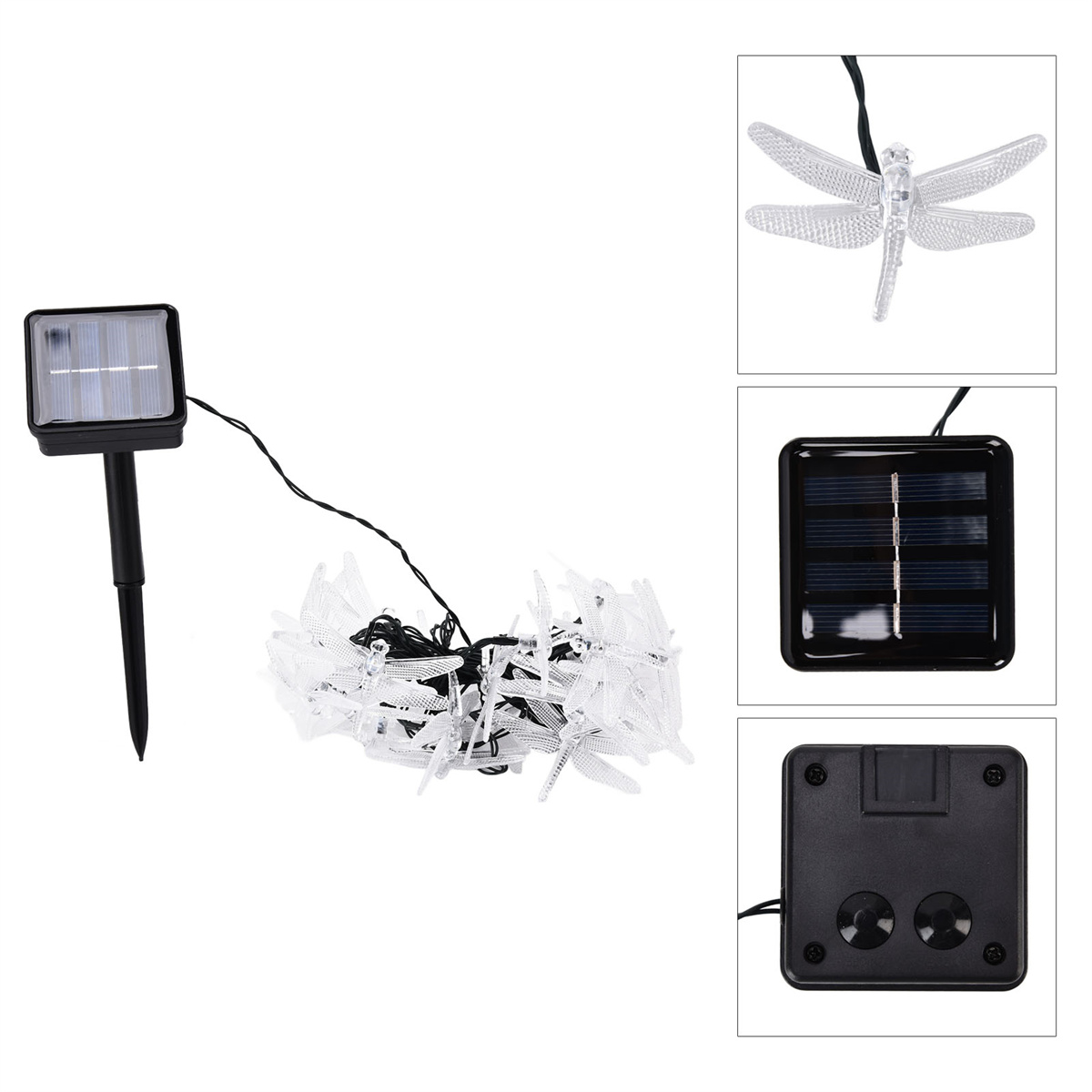 Solar-Libellenlichter. Ein Solarpanel, drei Nahaufnahmen und eine Kette weißer Libellenlichter werden gezeigt.