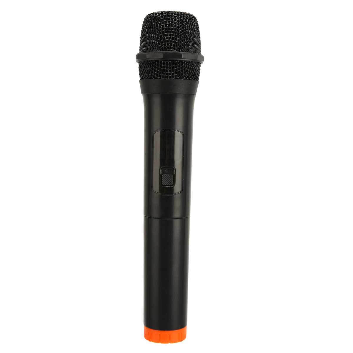 Ein schwarzes Mikrofon mit orangefarbenem Sockel und schwarzem Mesh-Kopf. Es ist auf weißem Hintergrund.