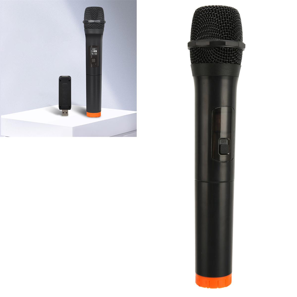 Zwei schwarze Mikrofone, eines mit USB-Empfänger. Beide haben orangefarbene Akzente. Eines links, das andere rechts.
