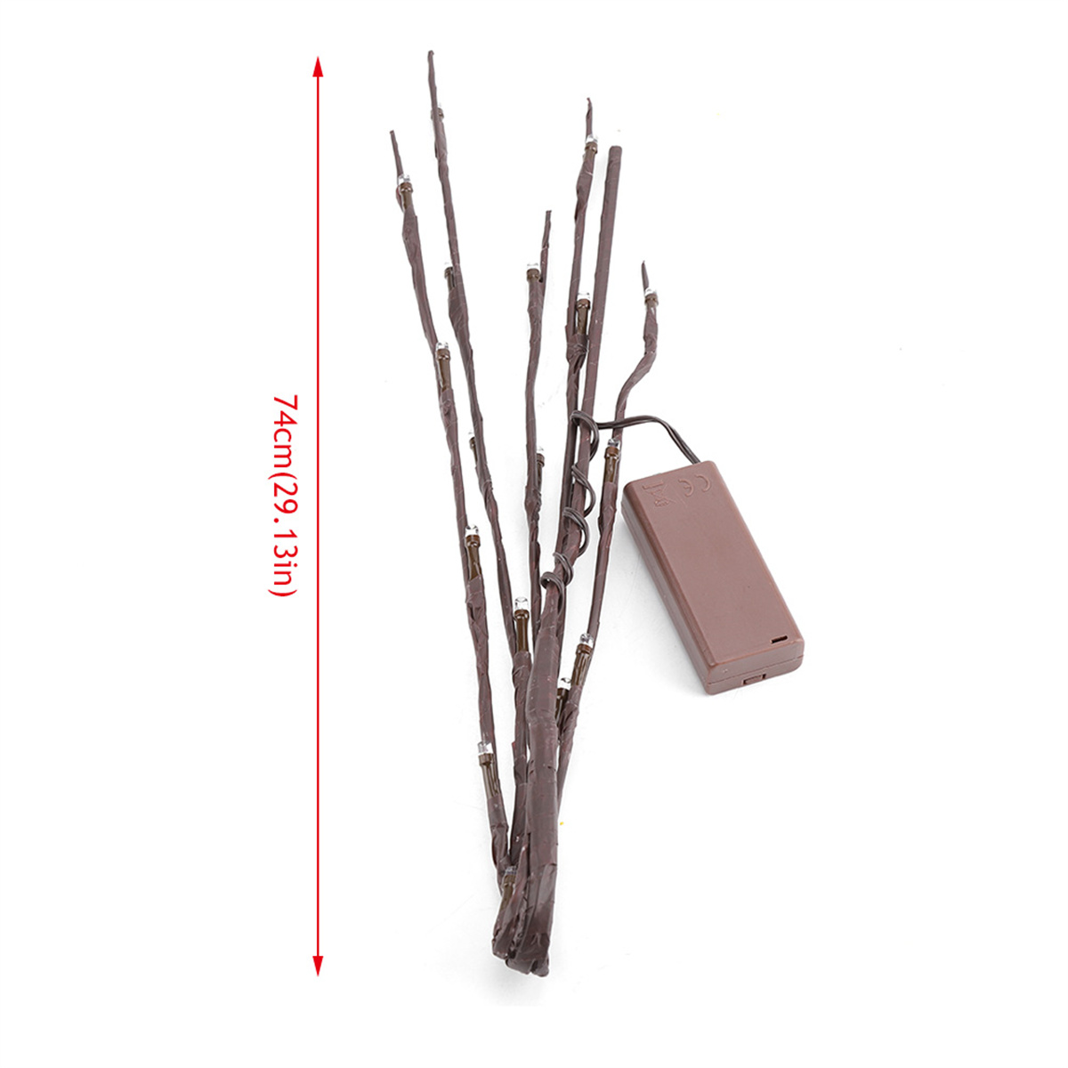 Braune Zweiglichter mit braunem Akkupack auf weißem Hintergrund. 74 cm lang.
