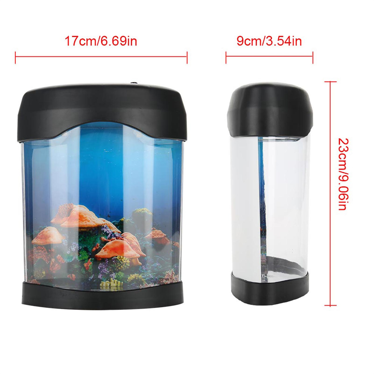 Zwei Aquarien. Eines ist mit Wasser und Korallen gefüllt. Das andere ist leer und transparent.
