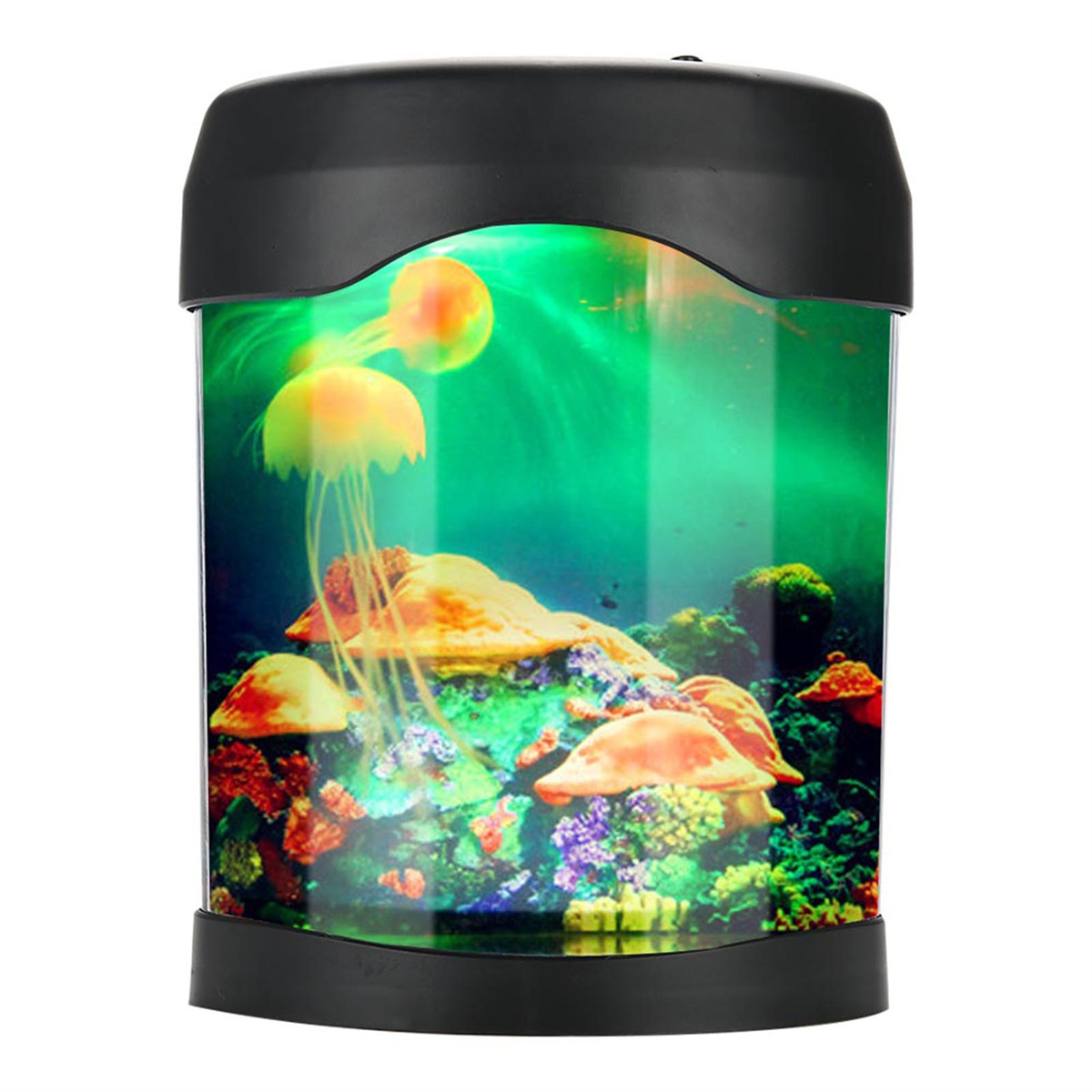 Aquarium mit Quallen, Korallen und grünem Hintergrund. Tank schwarz oben und unten.