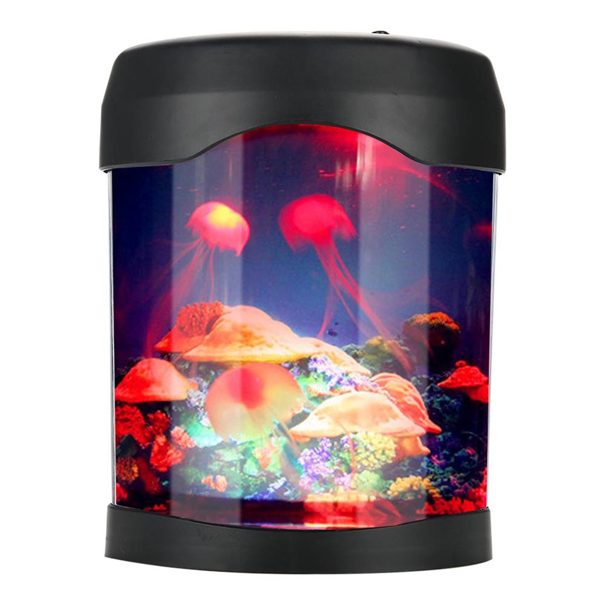 Ein kleines Aquarium mit Quallen, das mit roten und blauen Lichtern beleuchtet wird.