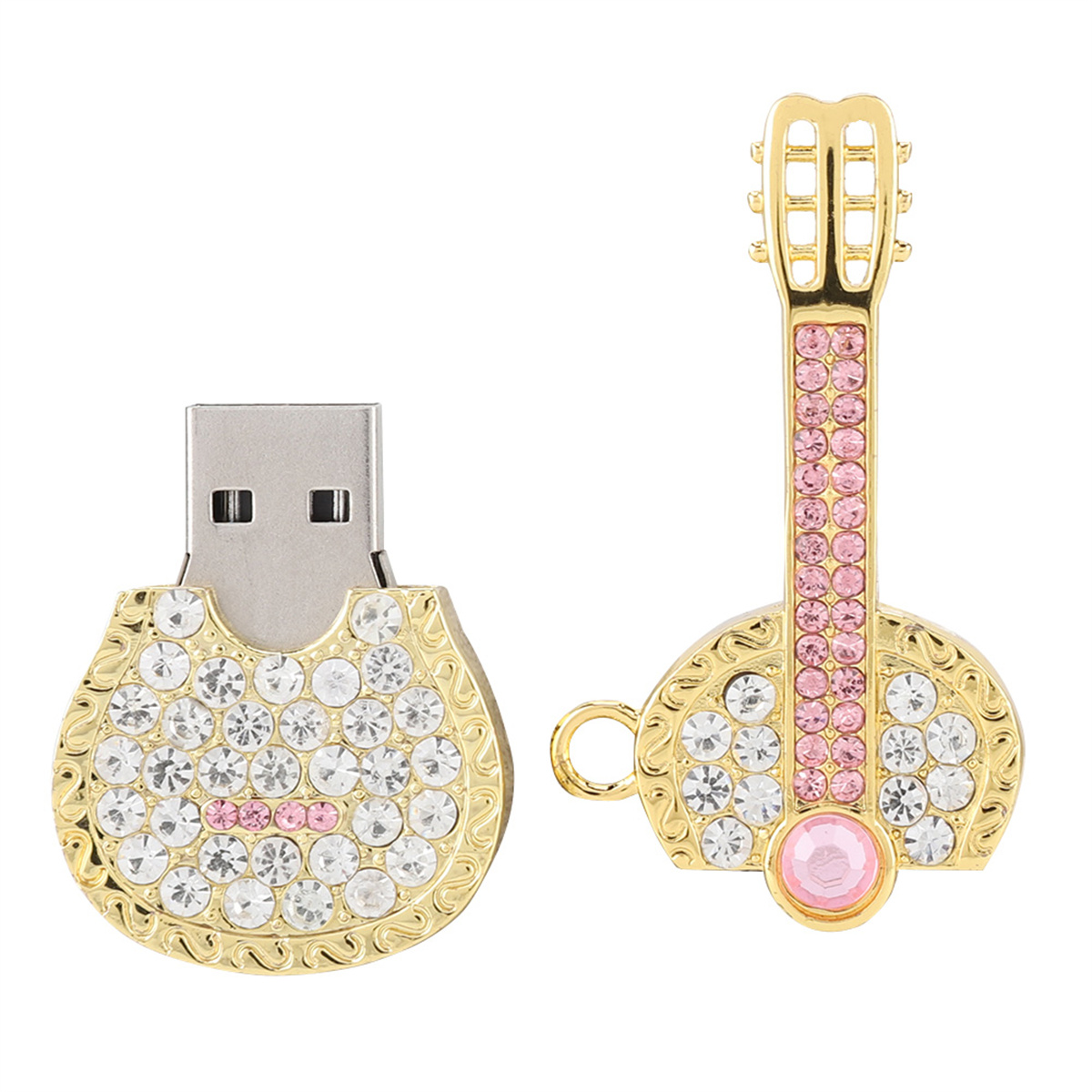 Goldene USB-Sticks in Gitarrenform, mit Strasssteinen besetzt. Einer ist silber, der andere rosa.