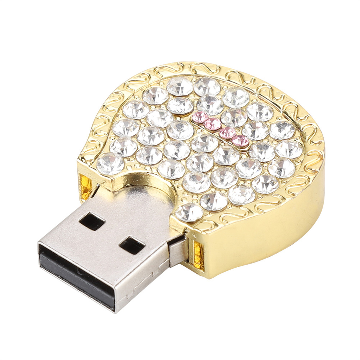 Ein goldfarbener herzförmiger USB-Stick, bedeckt mit klaren Strasssteinen und zwei kleinen rosa Steinen.