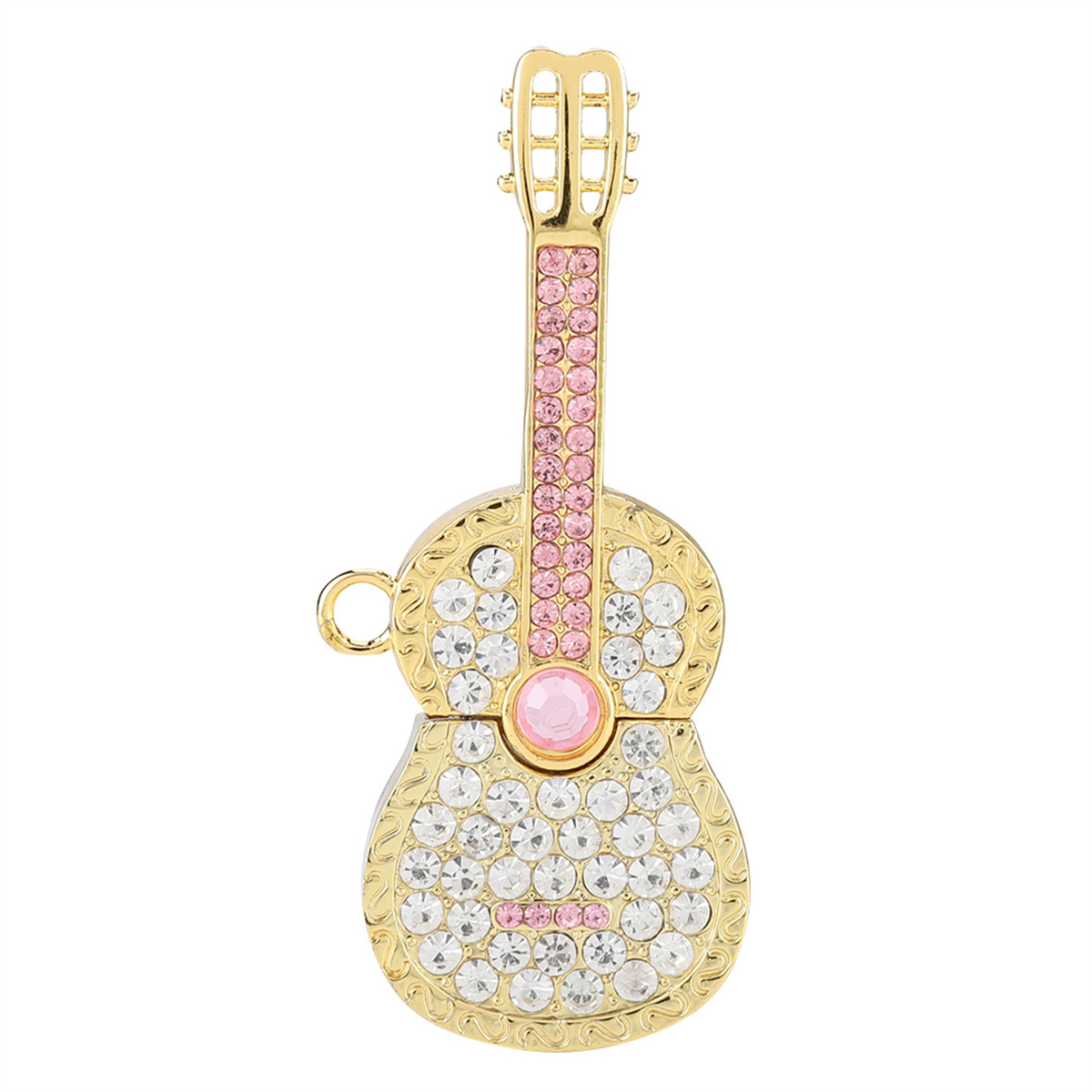 Gitarrenförmiger USB-Stick in Gold. Der Körper ist mit klaren und rosa Kristallen bedeckt.