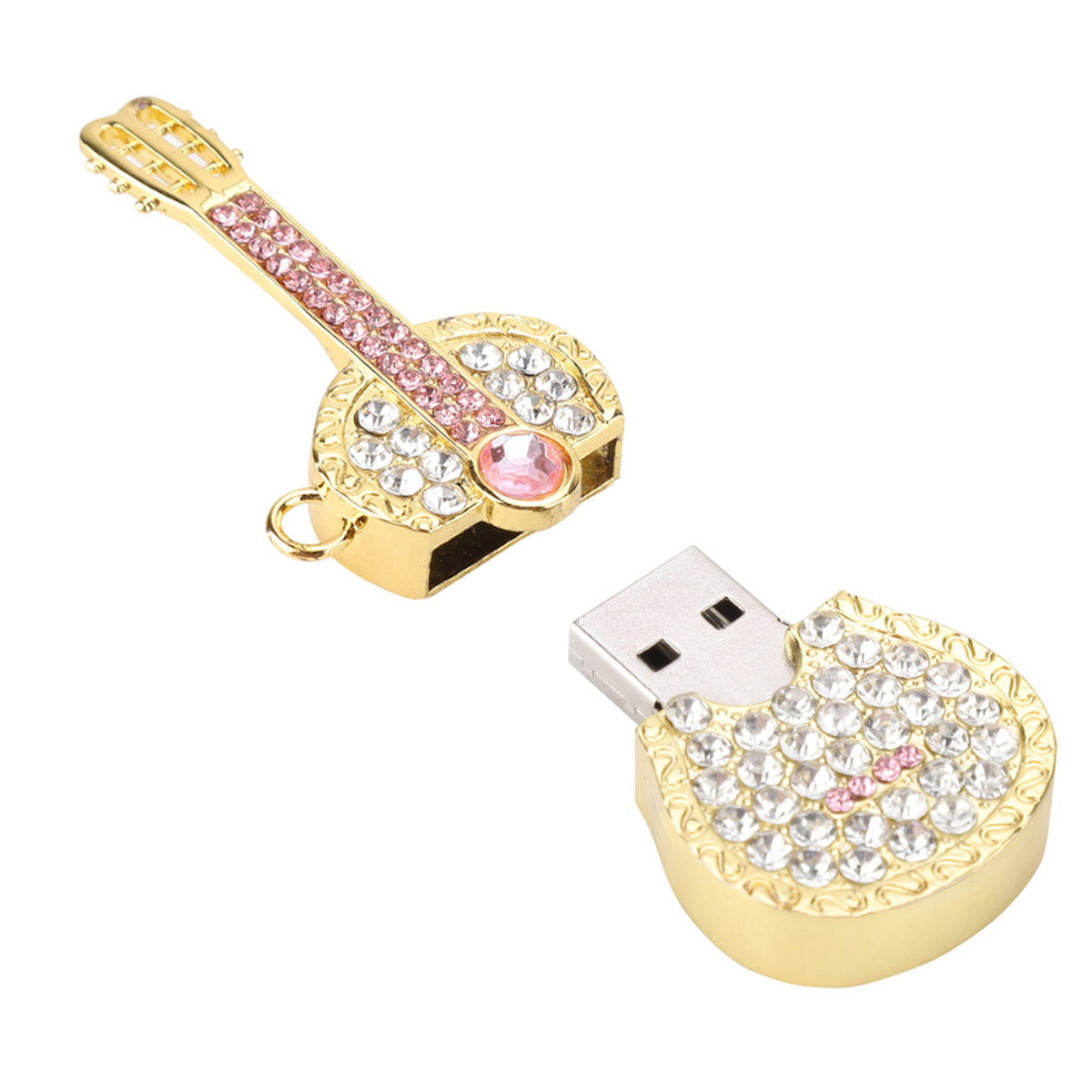 Goldener USB-Stick in Form einer mit Juwelen besetzten Gitarre, mit separatem USB-Anschluss.