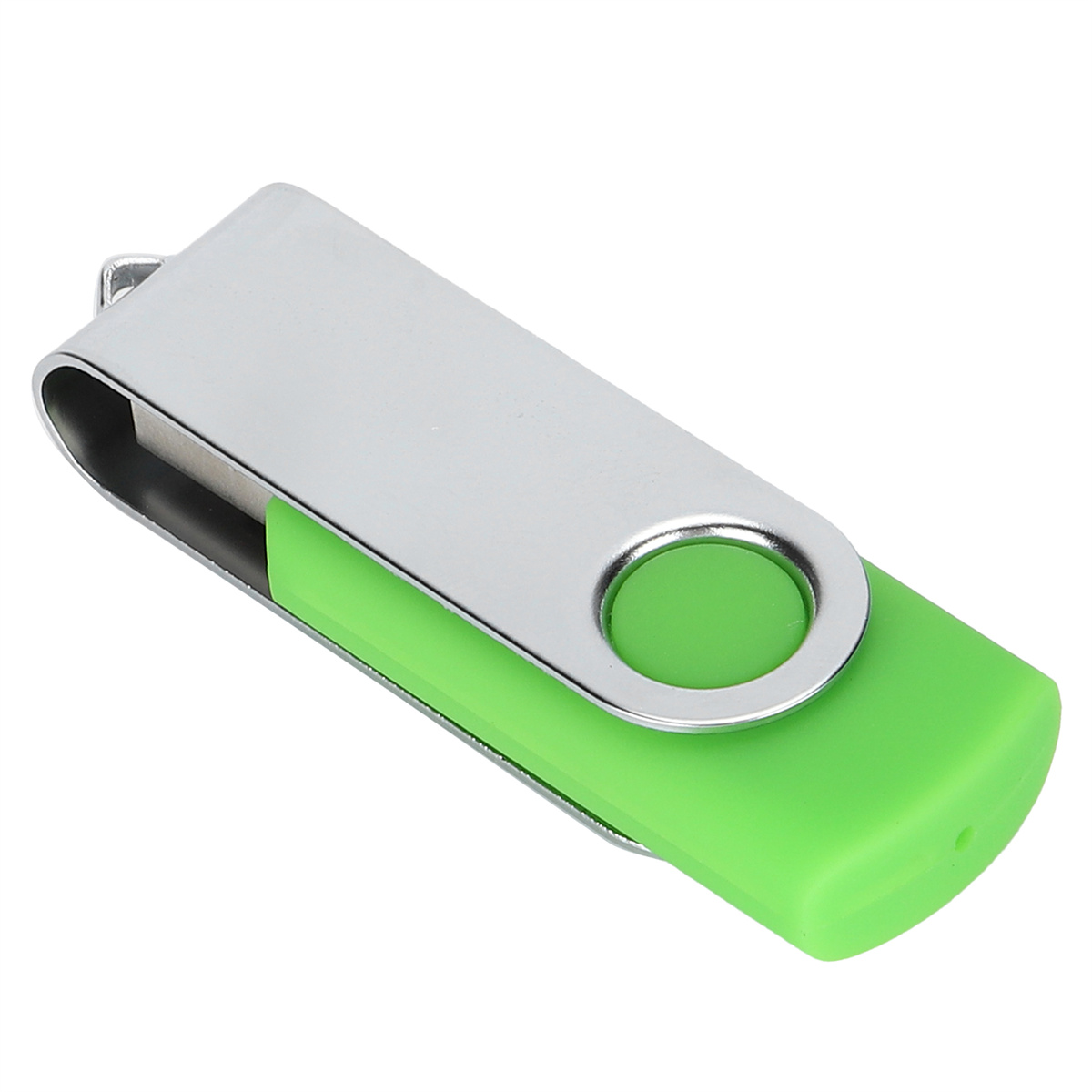 Grüner und silberner USB-Stick. Es hat eine silberne Drehhaube und einen grünen Körper. Der Hintergrund ist weiß.