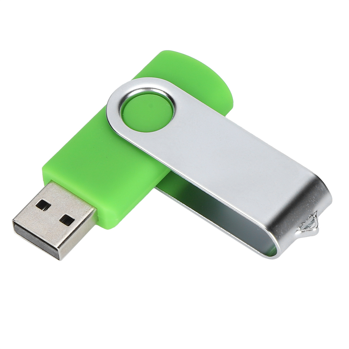Grüner und silberner USB-Stick. Der USB-Anschluss ist schwarz. Weißer Hintergrund.