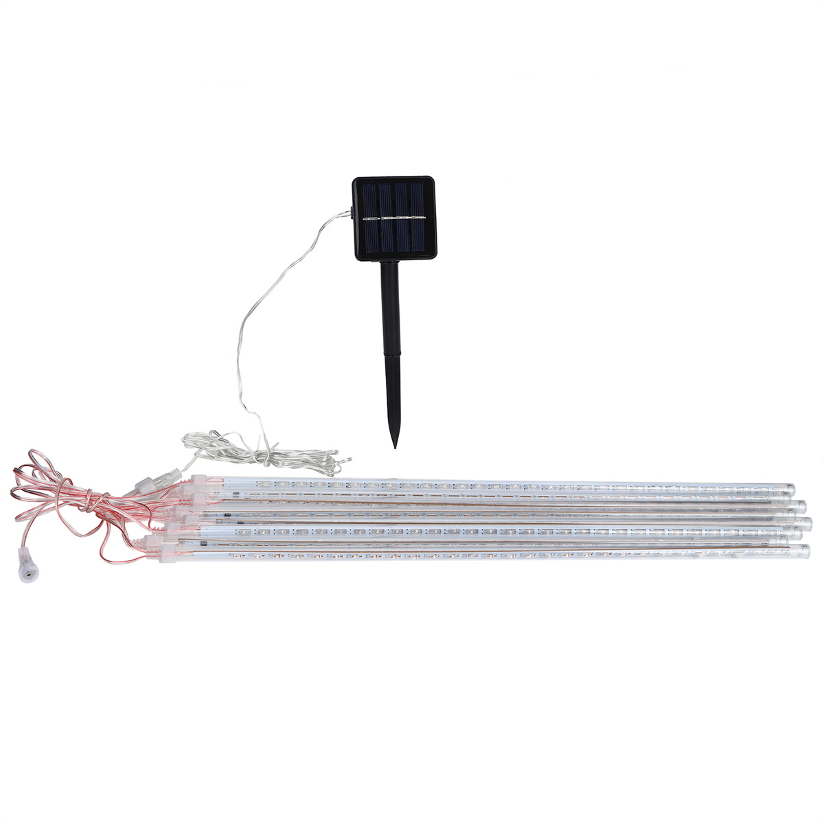 Solarbetriebene Außenleuchten mit mehreren Röhren und einem schwarzen Solarpanel.