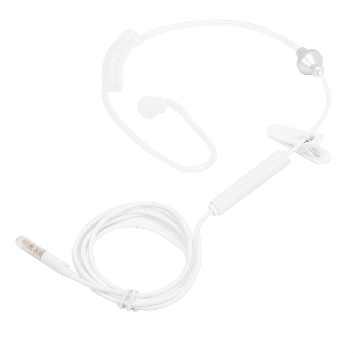 Weißes Headset mit Clip und Ohrhörer. Weißer Hintergrund.