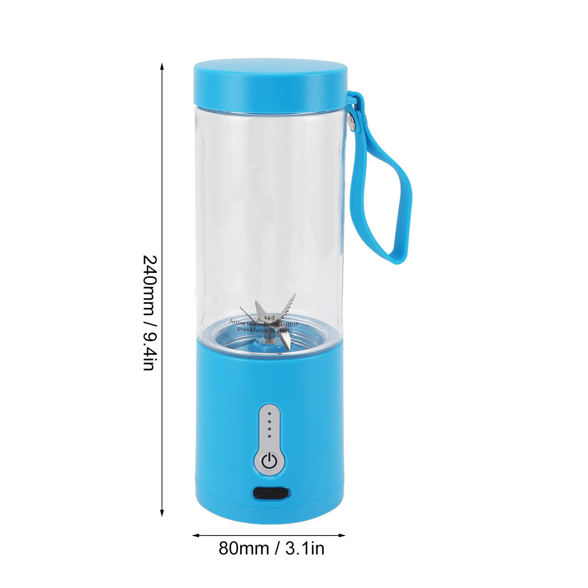 Ein blau-weißer Mixer. Der Mixer hat einen durchsichtigen Behälter und einen blauen Sockel.