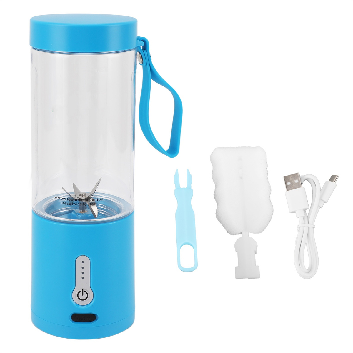 Blauer tragbarer Mixer mit Zubehör.