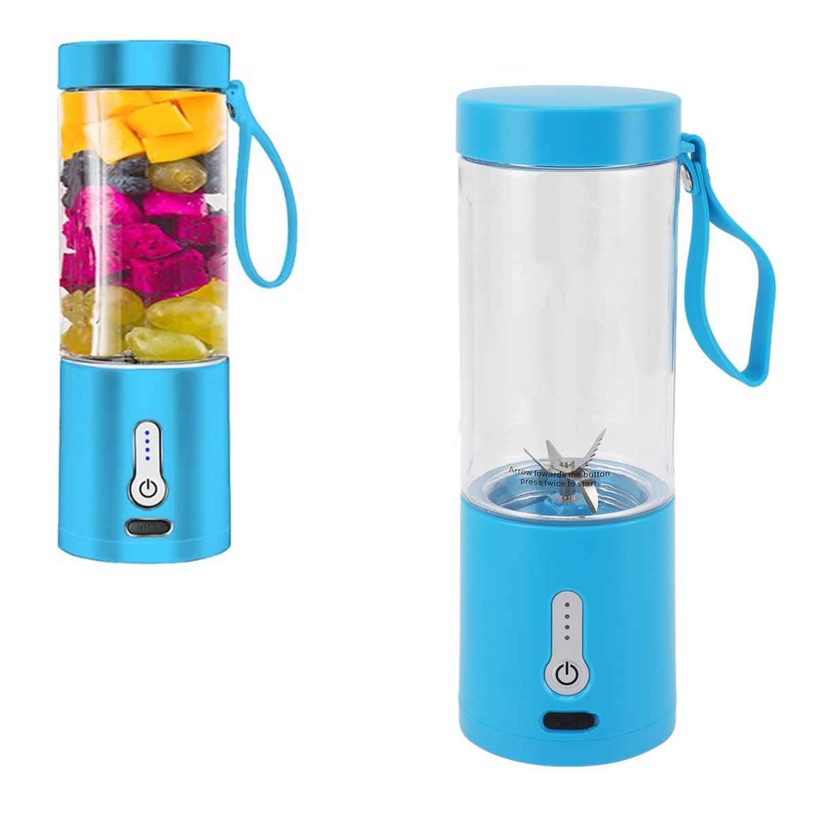 Zwei blaue tragbare Mixer, einer voll mit Früchten, der andere leer. Beide haben blaue Basis und Deckel.