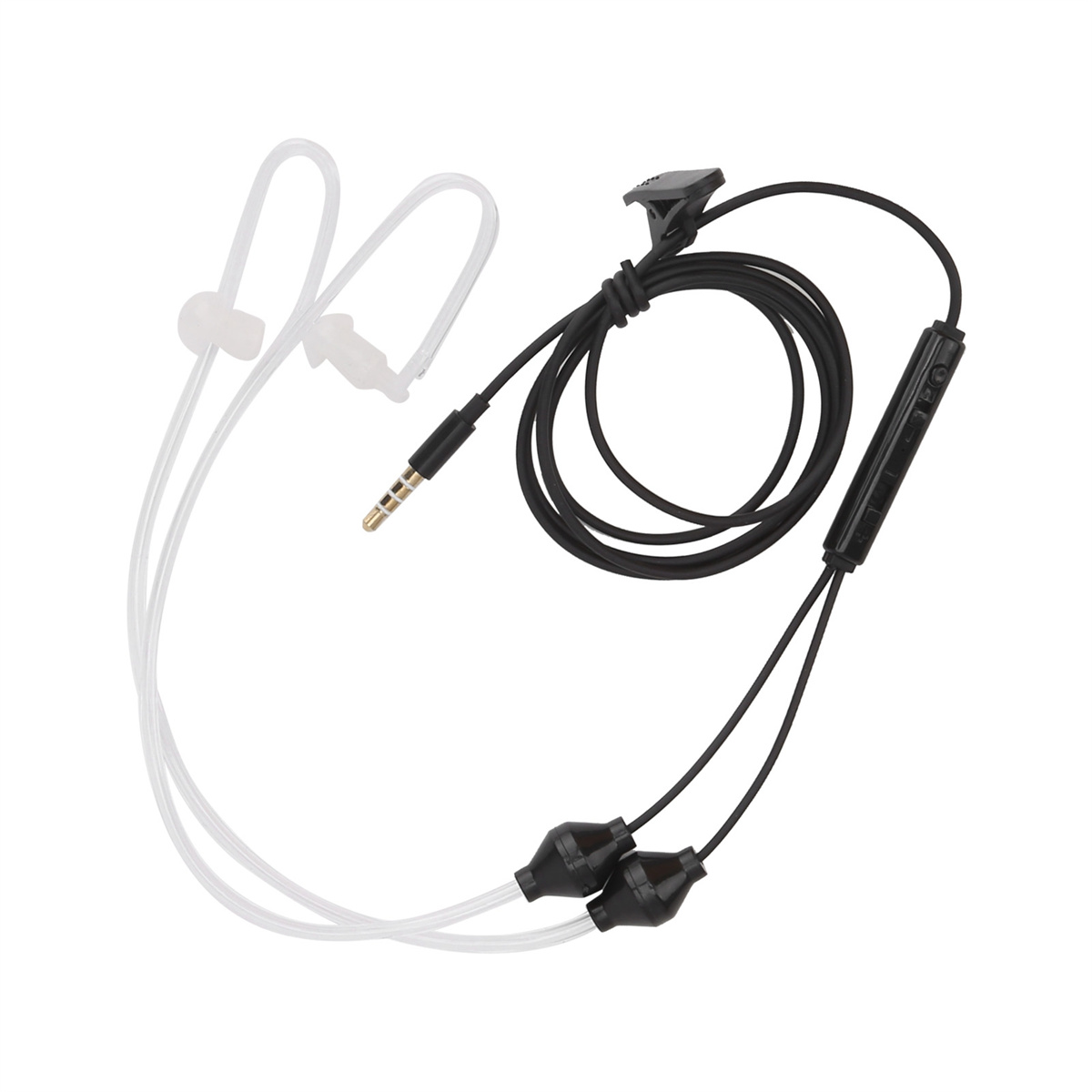 Kopfhörer mit schwarzen und weißen Komponenten. Enthält einen 3,5-mm-Klinkenstecker und ein Steuermodul. Weißer Hintergrund.