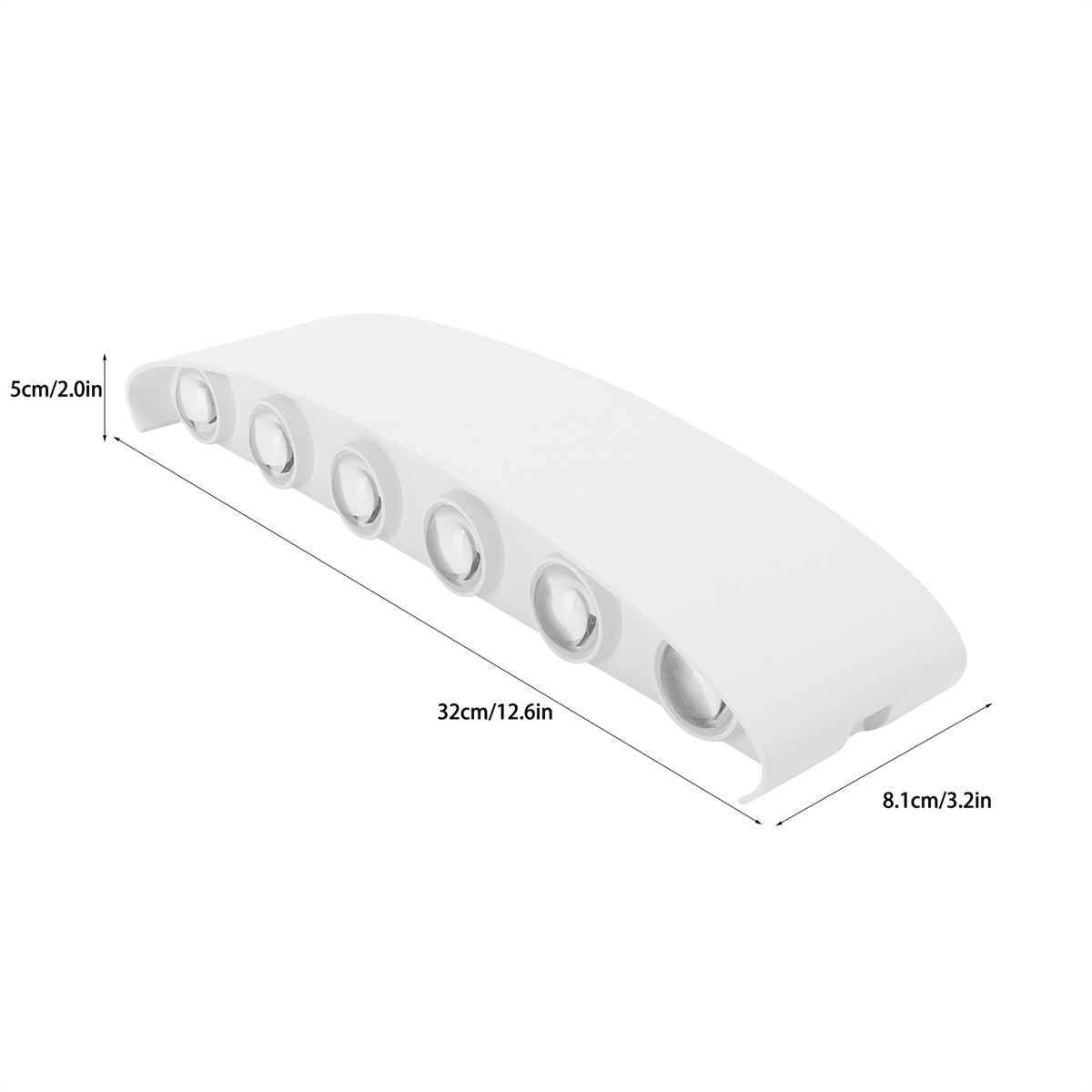 Weißer LED-Lichtstreifen mit 6 kreisförmigen Lichtern, Maße 32 cm/12,6 Zoll, 8,1 cm/3,2 Zoll und 5 cm/2,0 Zoll.