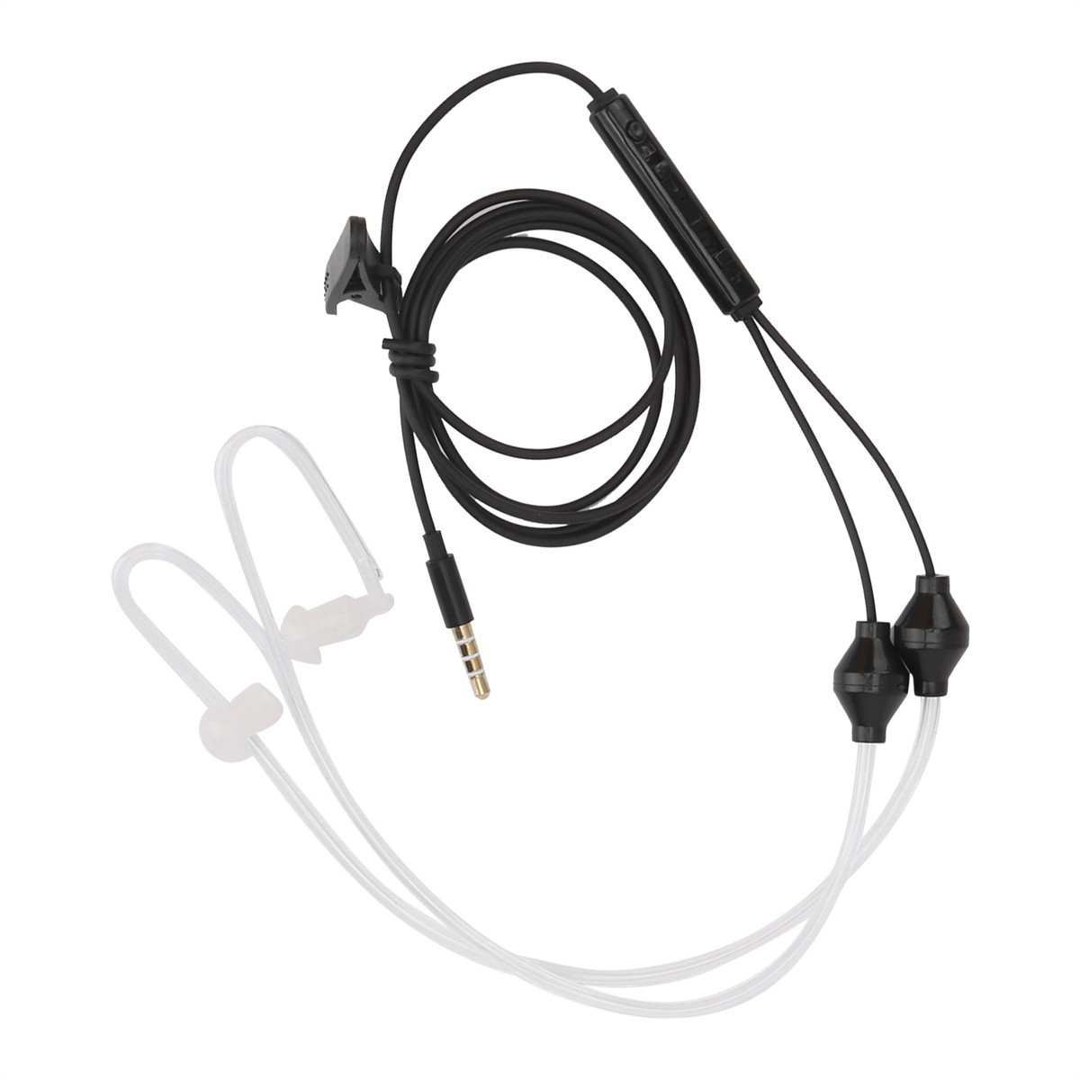 In-Ear-Kopfhörer mit schwarzem Kabel, Inline-Fernbedienung und weißen Ohrstöpseln.