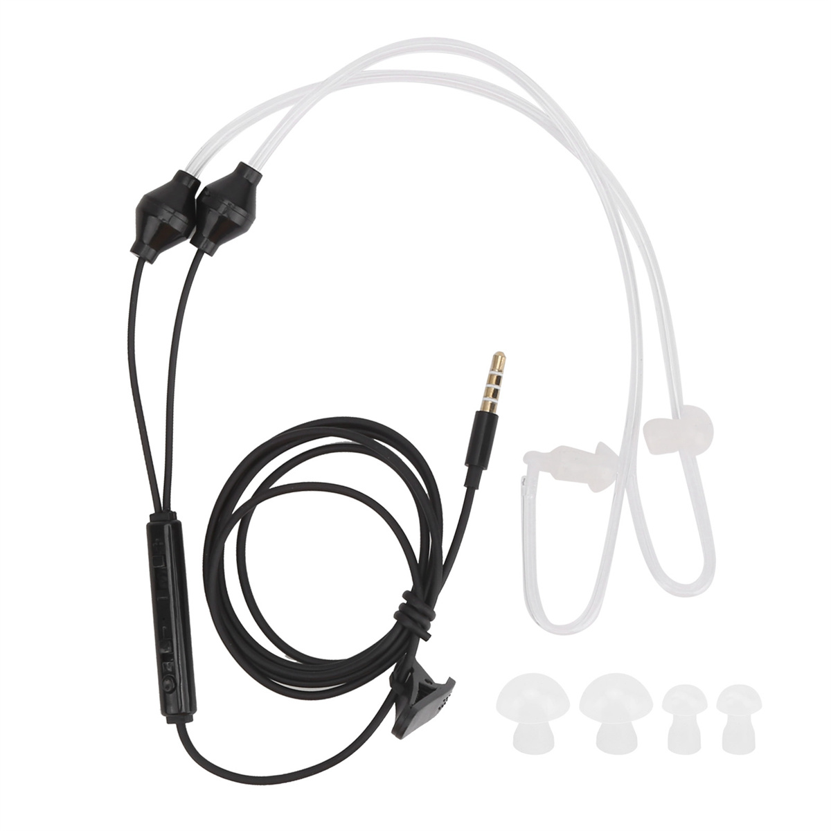 Ohrhörer mit Mikrofon und mehreren Ohrstöpseln, verbunden mit einem schwarzen Kabel.
