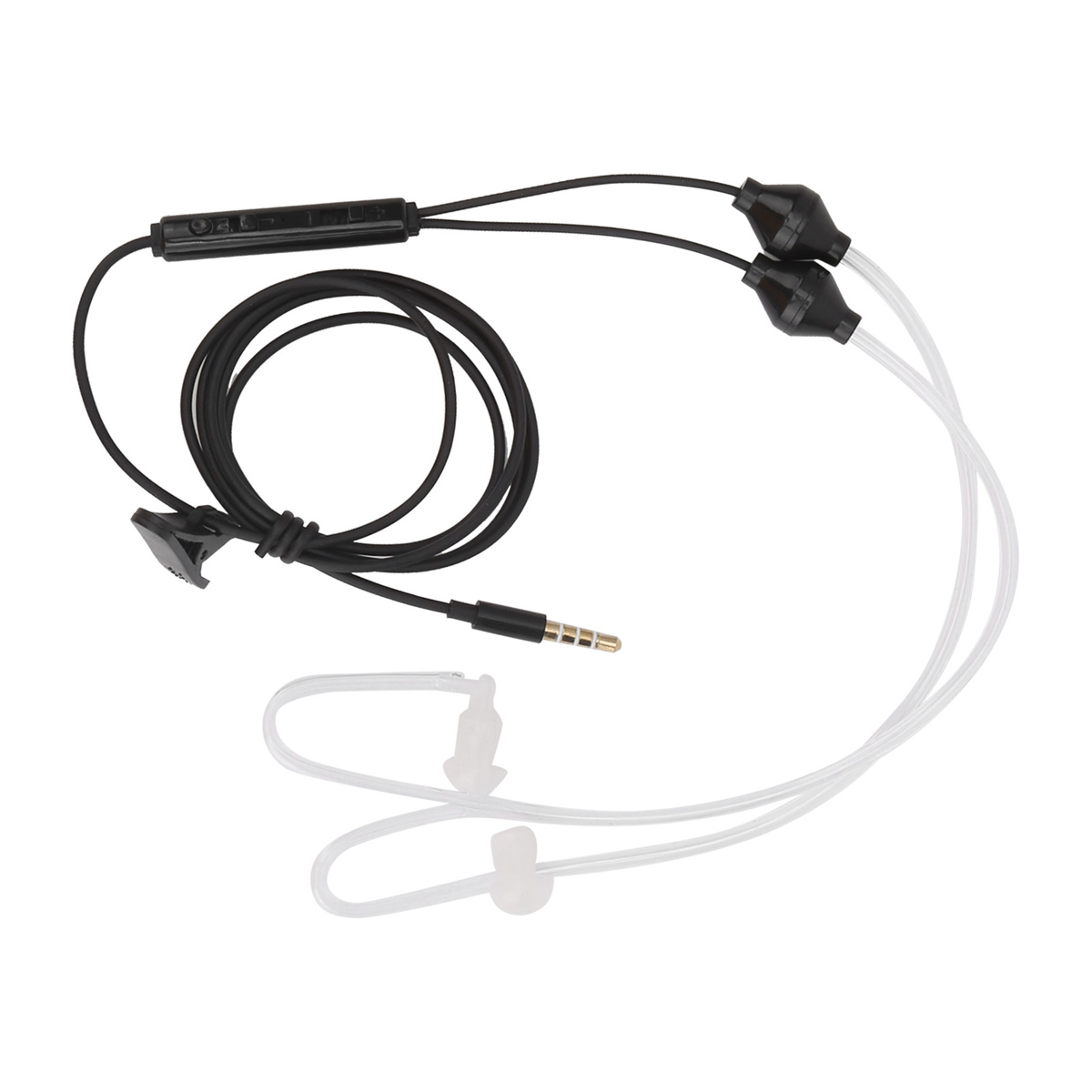 Ohrhörer mit transparenten Schläuchen und einem 3,5-mm-Klinkenstecker sowie einem Controller am Kabel.