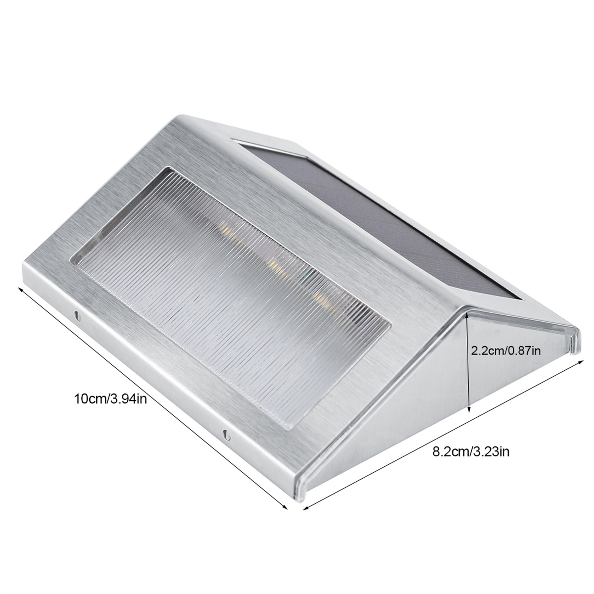 Silbernes Solar-Gartenlicht. Rechteckige Form mit Text, der die Abmessungen angibt.