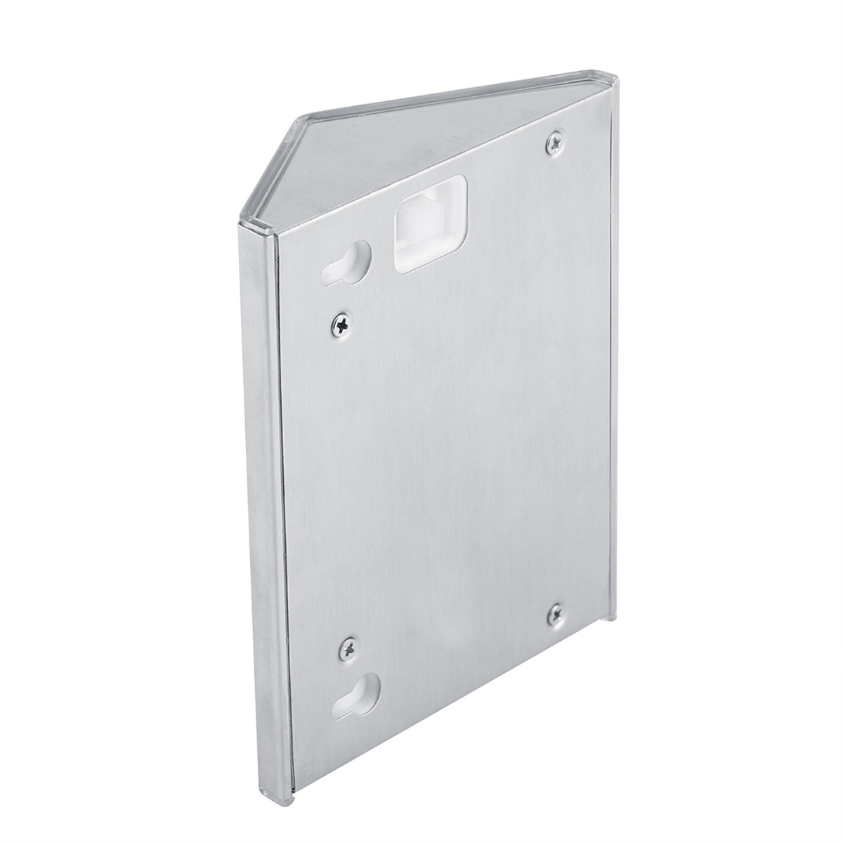 Eckregal aus silbernem Metall für eine Wand. Das Regal hat 3 Schrauben und 1 Loch.