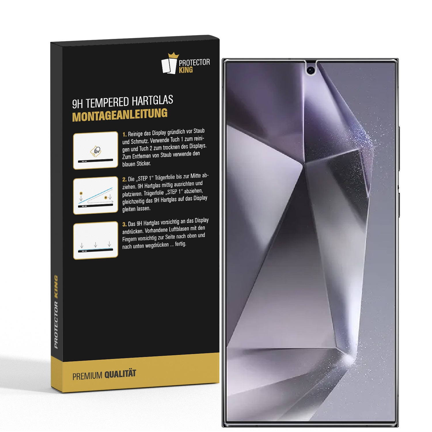 Ein Telefon mit Displayschutzfolie und eine Schachtel mit Displayschutzfolien. Die Schachtel enthält Anweisungen.