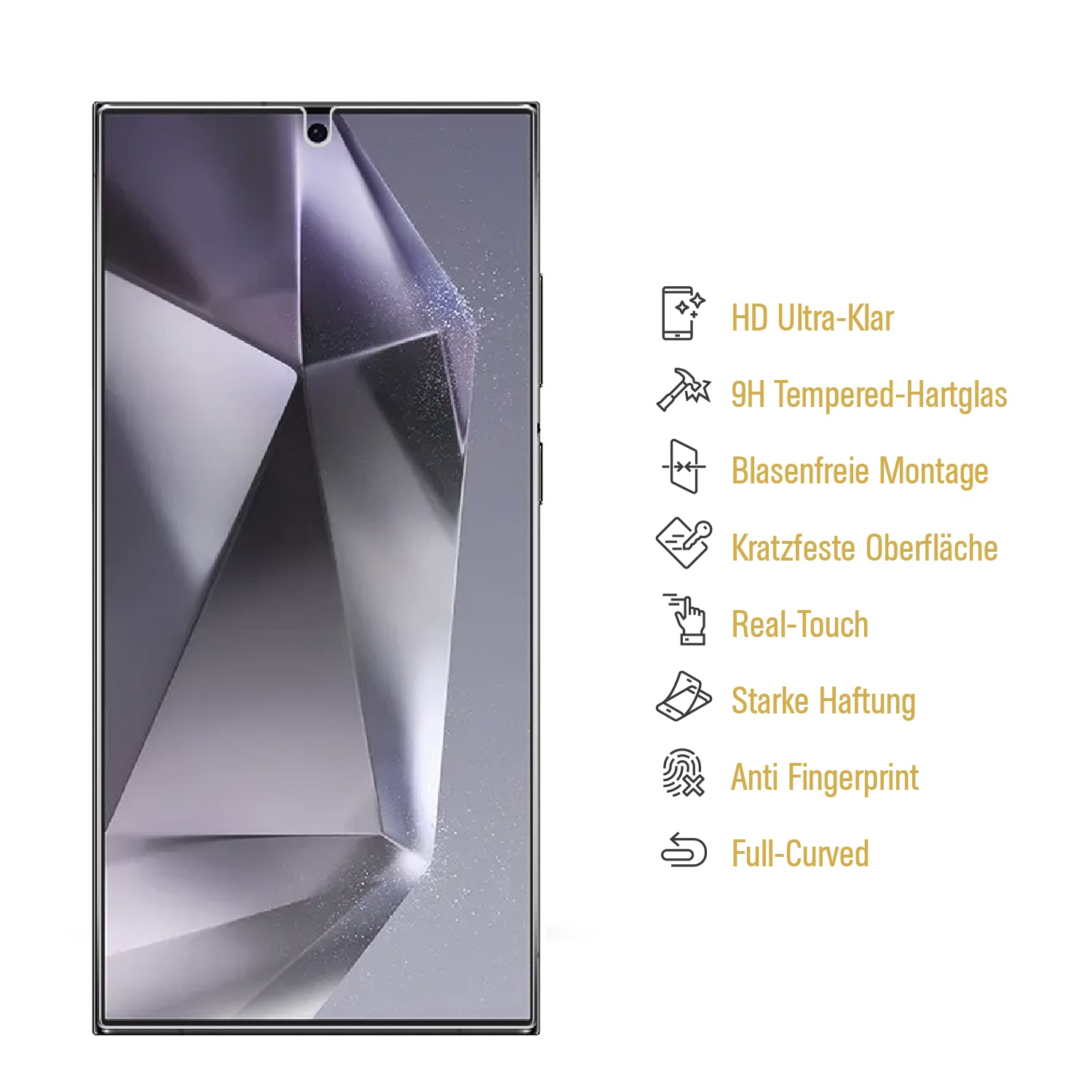 Ein Smartphone-Displayschutz mit Funktionen, die rechts aufgelistet sind.
