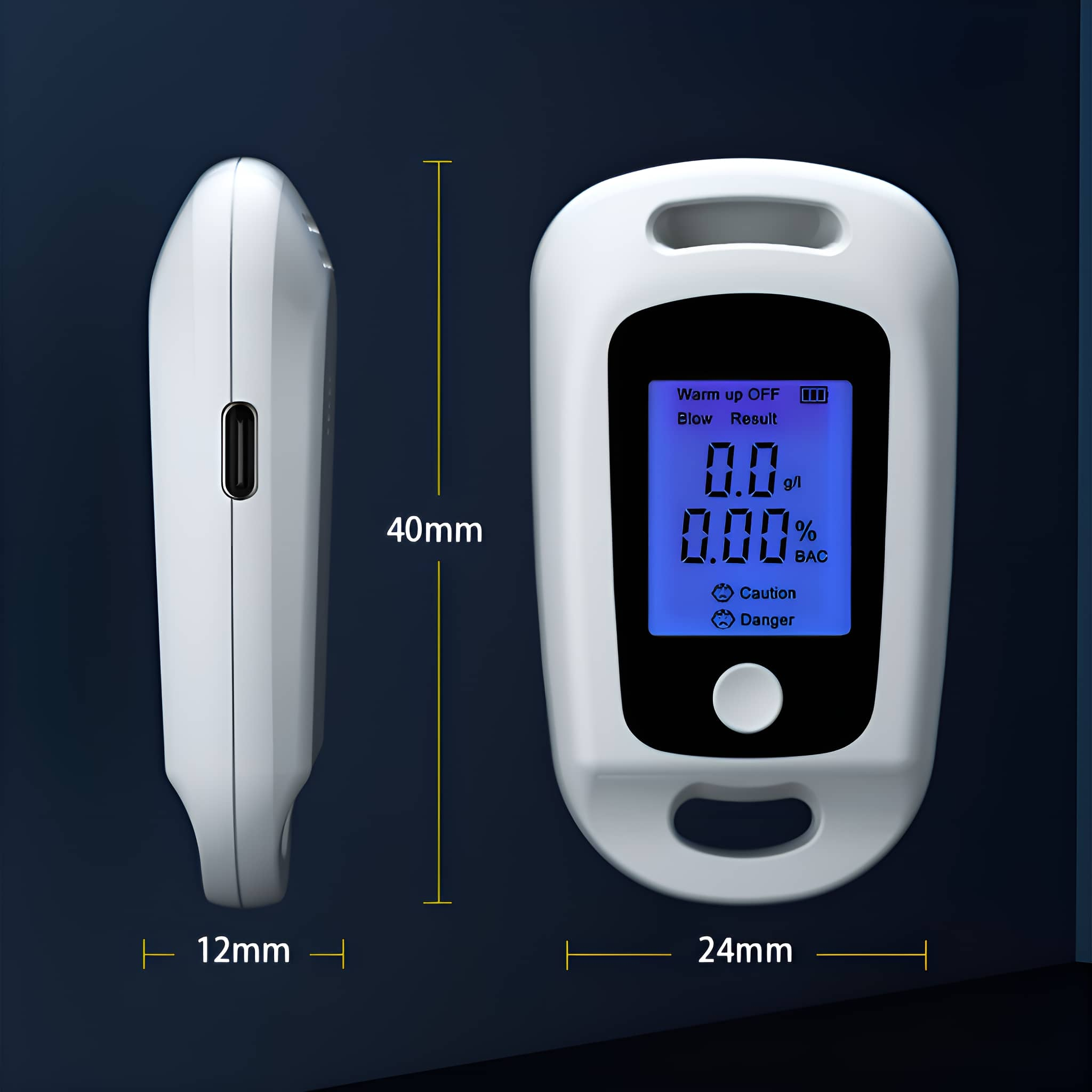 Weißes Alkoholmessgerät mit Digitalanzeige, die 0,0 g/l und 0,00 % BAC anzeigt. Es hat die Abmessungen 40 mm x 24 mm x 12 mm.