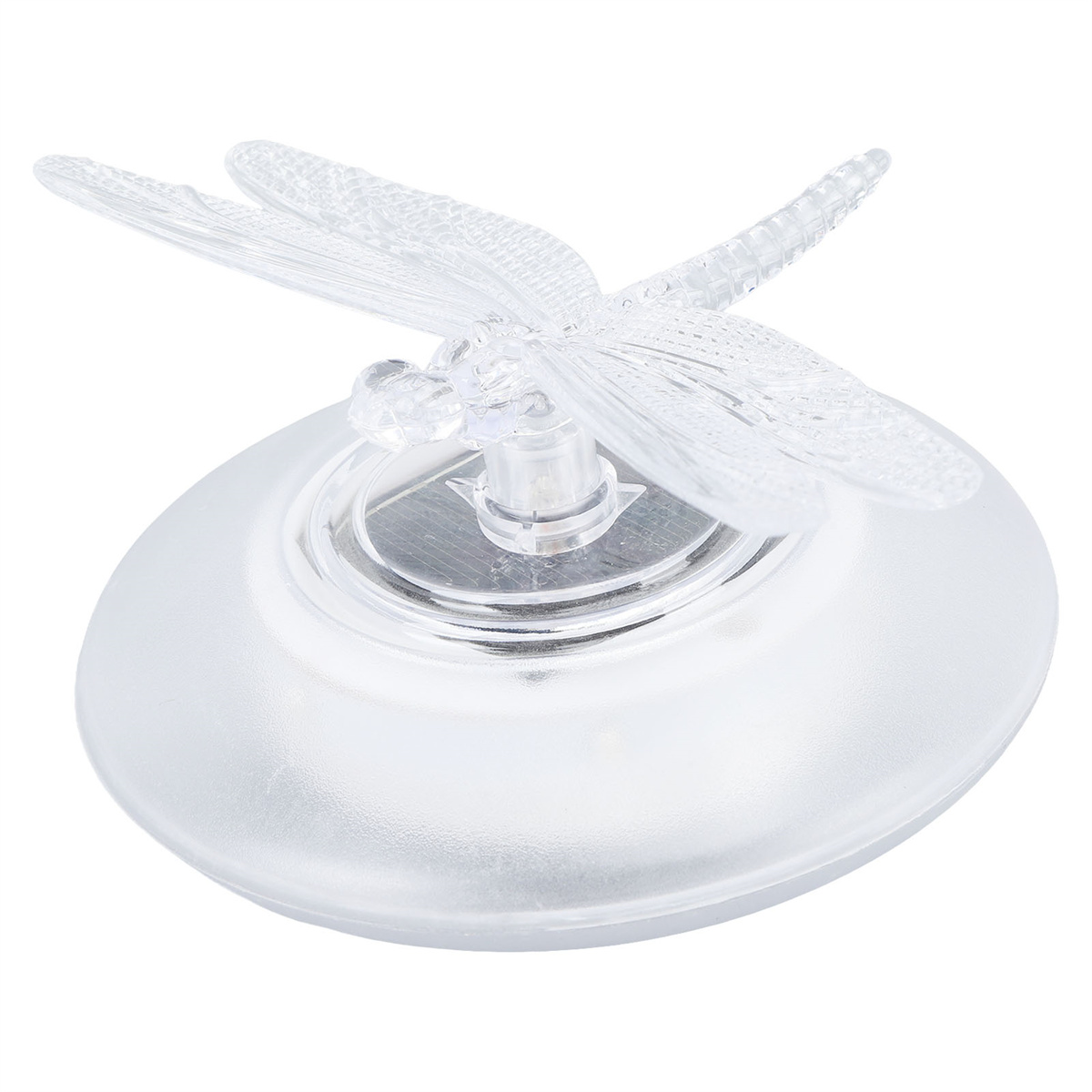 Klare, libellenförmige Lichtdekoration auf weißem Hintergrund. Die Flügel sind transparent.
